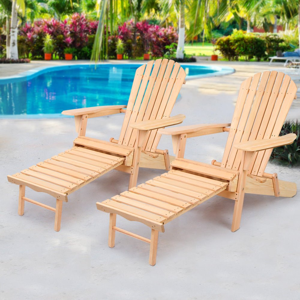 2-Piece Adirondack Outdoor Chairs Set - Natural Wood Patio Sun Loungers for Garden, Backyard, Poolside & Beach Relaxation