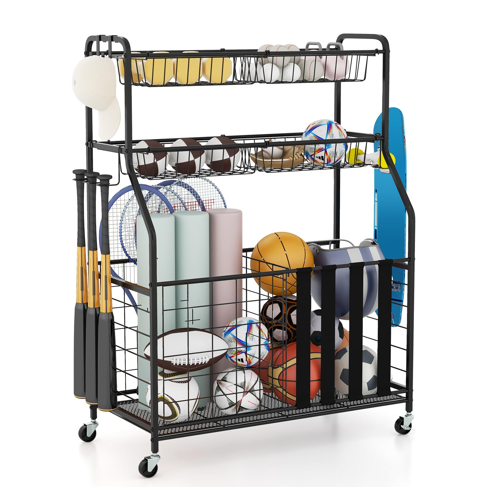 GYMAX Garage Sports Equipment Organizer - Rolling Toy Storage Cart with Lockable Wheels, Basket & Hooks for Golf Bags, Bats, Football Gear | Perfect for Garage, Basement & Playroom Organization