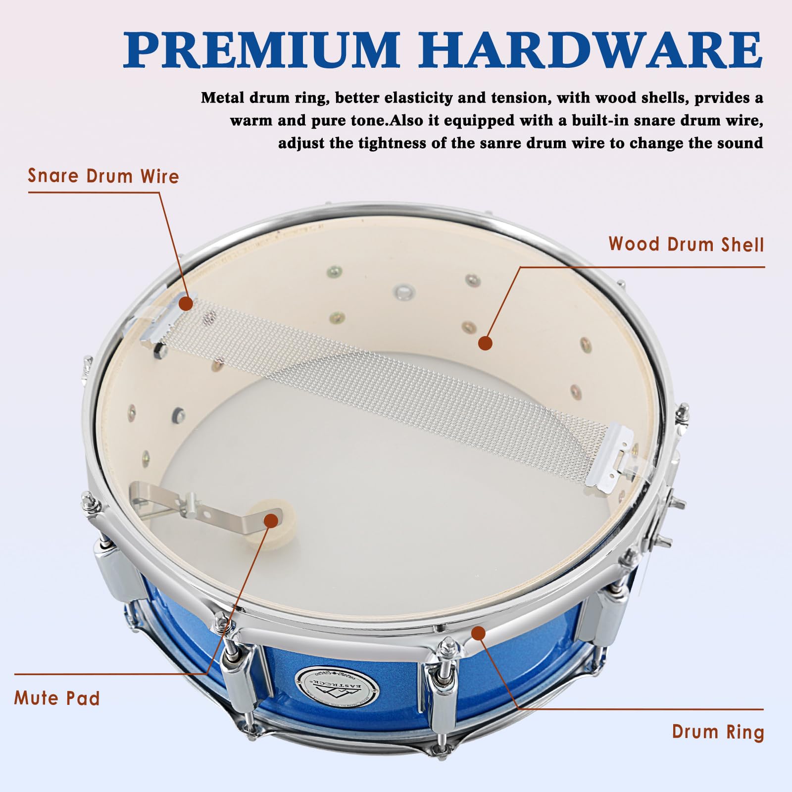 EASTROCK 14x5.5 Inch Snare Drum Set for Beginners - Includes Gig Bag, Drumsticks, Stand, Drum Keys & Coated Drum Head - Blue - Perfect for School Band, Practice & Live Performances