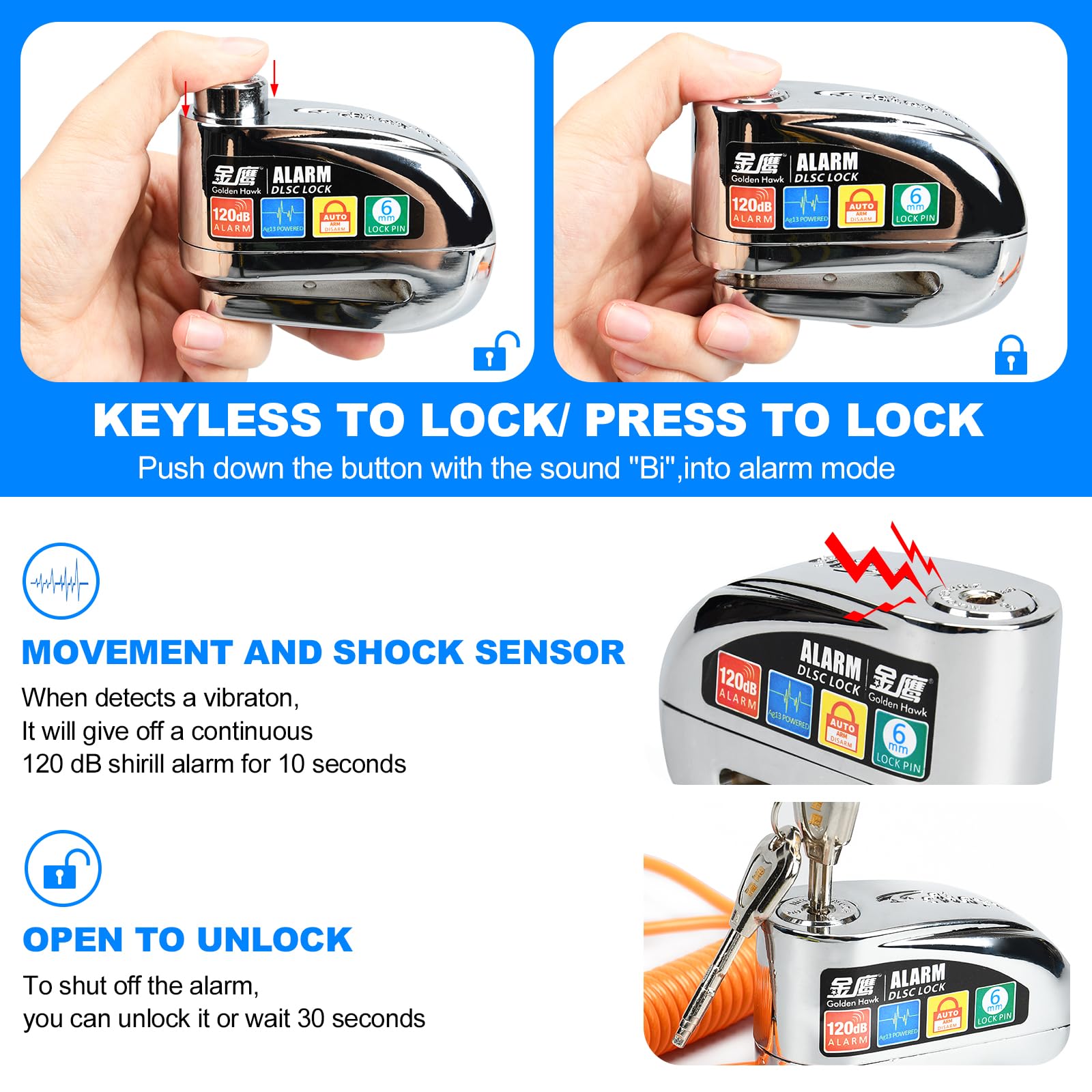 120dB Alarm Motorcycle Disc Brake Lock - Waterproof Anti-Theft Aluminum Alloy Bike Lock with Reminder Cable for Motorcycle, E-Bike, Bicycle & Scooter (Silver) | Perfect for Urban Commuting & Outdoor Travel Security