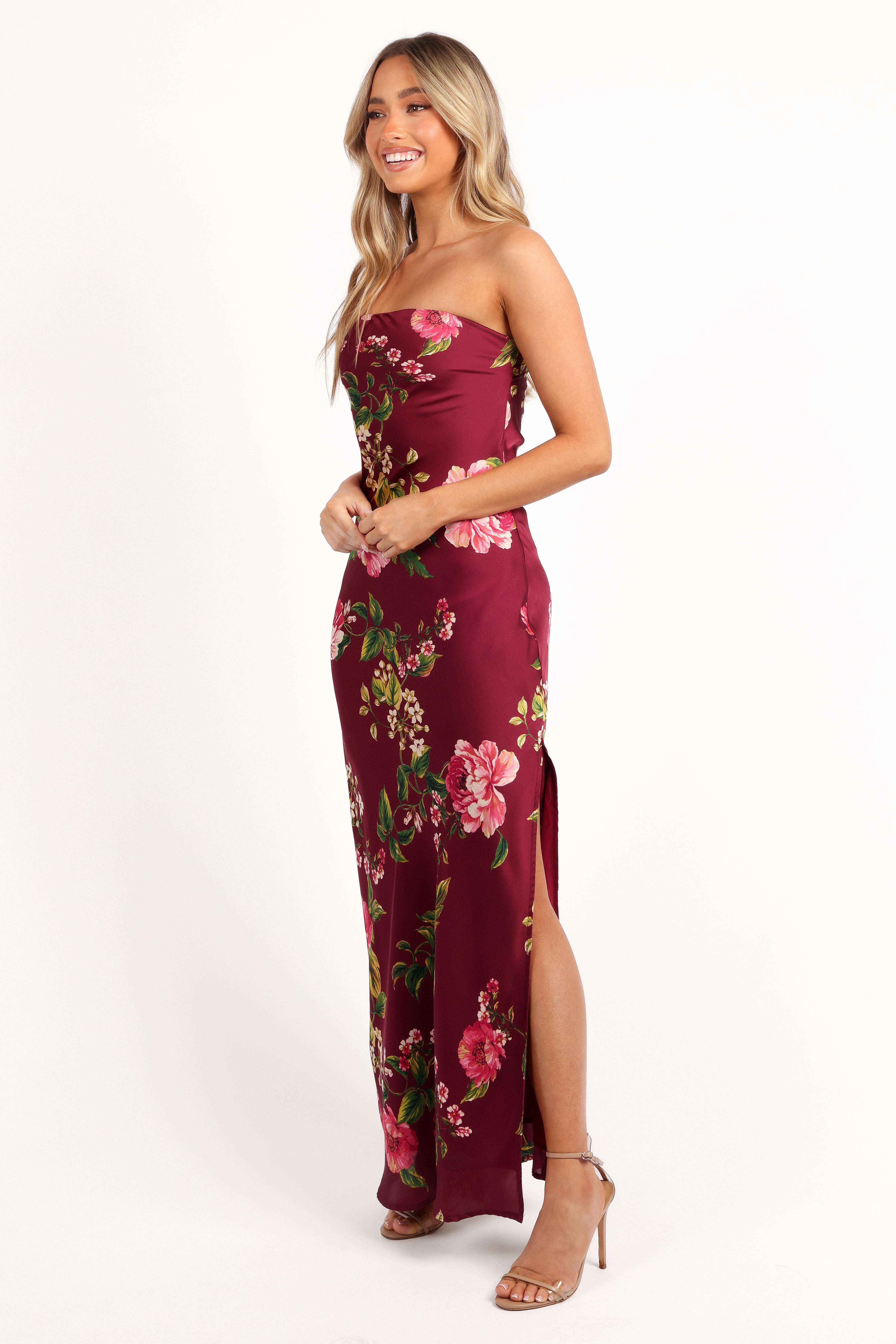 Bryden Maxi Strapless Dress - Burgundy Floral Print Long Formal Gown for Evening Parties, Weddings & Special Occasions