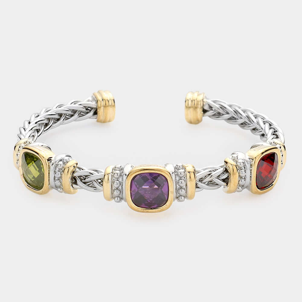 Multi CZ Cushion Square Stone Accented Cuff Bracelet for Women - Elegant Cubic Zirconia Fashion Jewelry - Perfect for Parties, Weddings & Special Occasions