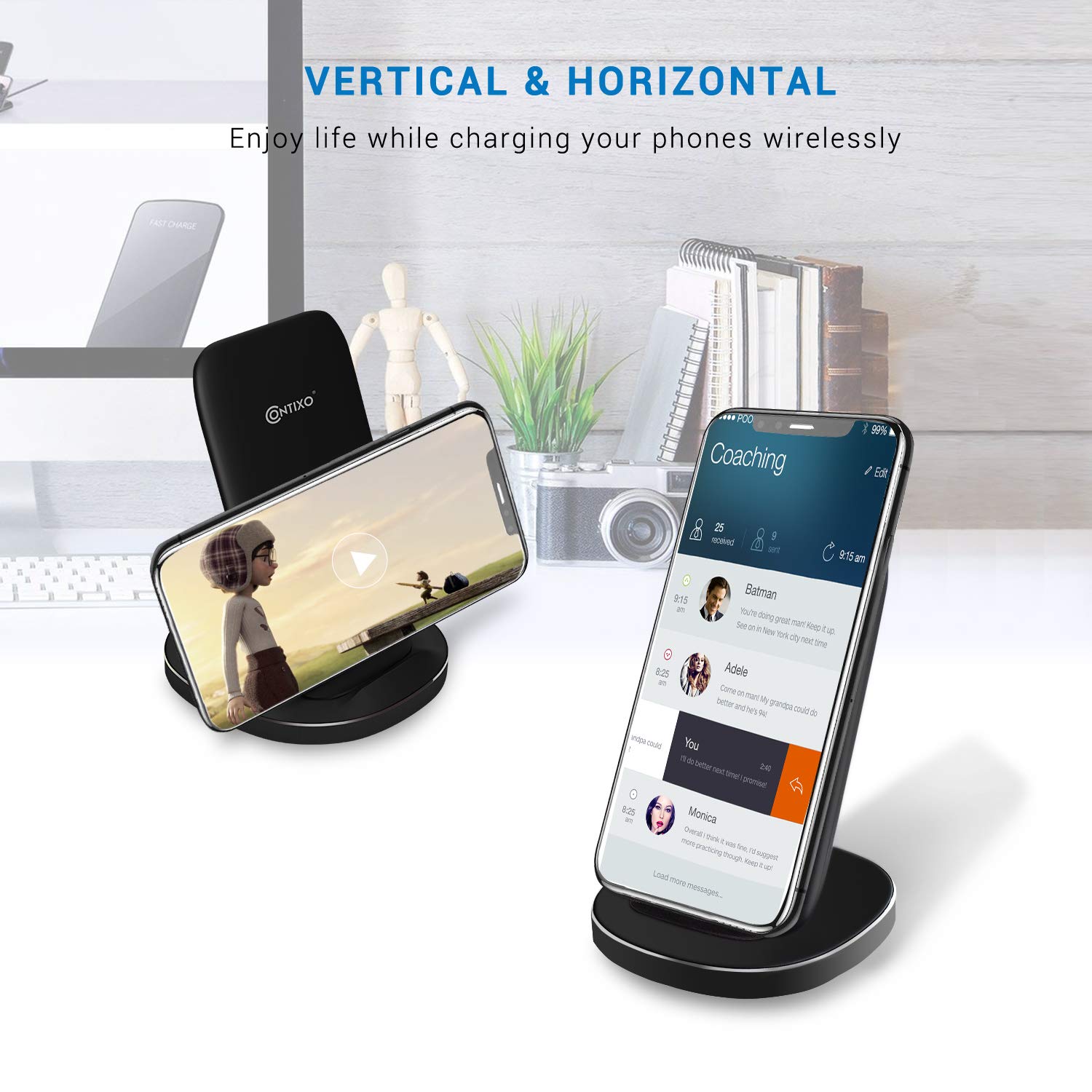 Contixo W3 Qi-Certified Wireless Charging Stand - 10W Fast Charger for iPhone 11/11 Pro/11 Pro Max/XS/XR/X/8/8 Plus & Samsung Galaxy S10/S9/S8/Note 10/Note 9 - Perfect for Home, Office & Nightstand Charging