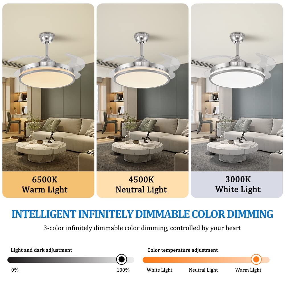 42 Inch Retractable Blade Ceiling Fan with Remote Control & LED Light - Silent Motor, Modern Chandelier Fan for Bedroom, Living Room, and Dining Room