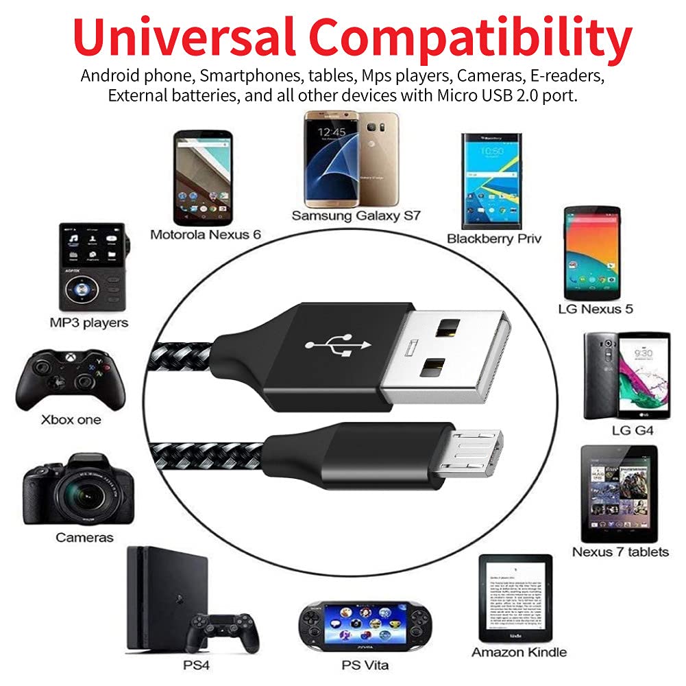 Durable 10ft PS4 Controller Charger Cable (2-Pack) - Nylon Braided Micro USB 2.0 Fast Charging & Data Sync Cord for PlayStation 4/PS4 Slim/Pro, Xbox One S/X, Android Phones - Blue & White - Perfect for Gaming Sessions & Device Charging