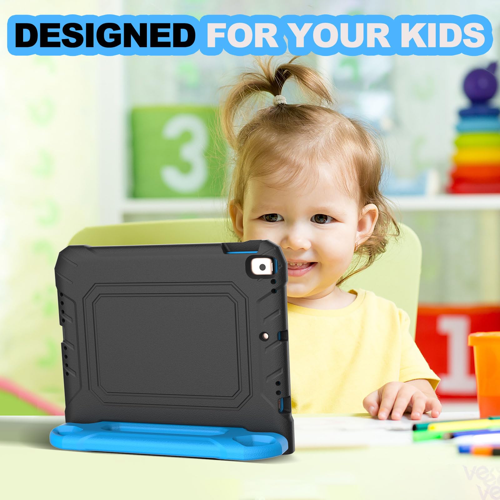 YIHE Shockproof Kids iPad Case for iPad 10.2 Inch 9th/8th/7th Gen (2021/2020/2019), iPad Pro 10.5 & iPad Air 3 - Durable Handle Stand Cover with Screen Protector (Black & Blue) | Perfect for School, Travel & Home Learning