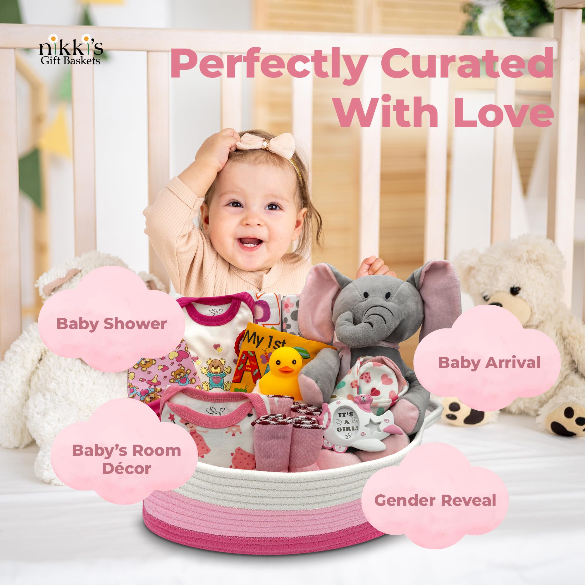 Bundle of Joy Deluxe Newborn Baby Gift Basket Set - Pink Baby Essentials & Layette for Baby Girls | Perfect Baby Shower Gift for Expecting Moms | Nikki's Gift Baskets | Ideal for Welcome Home, Hospital Visits & New Parent Gifting