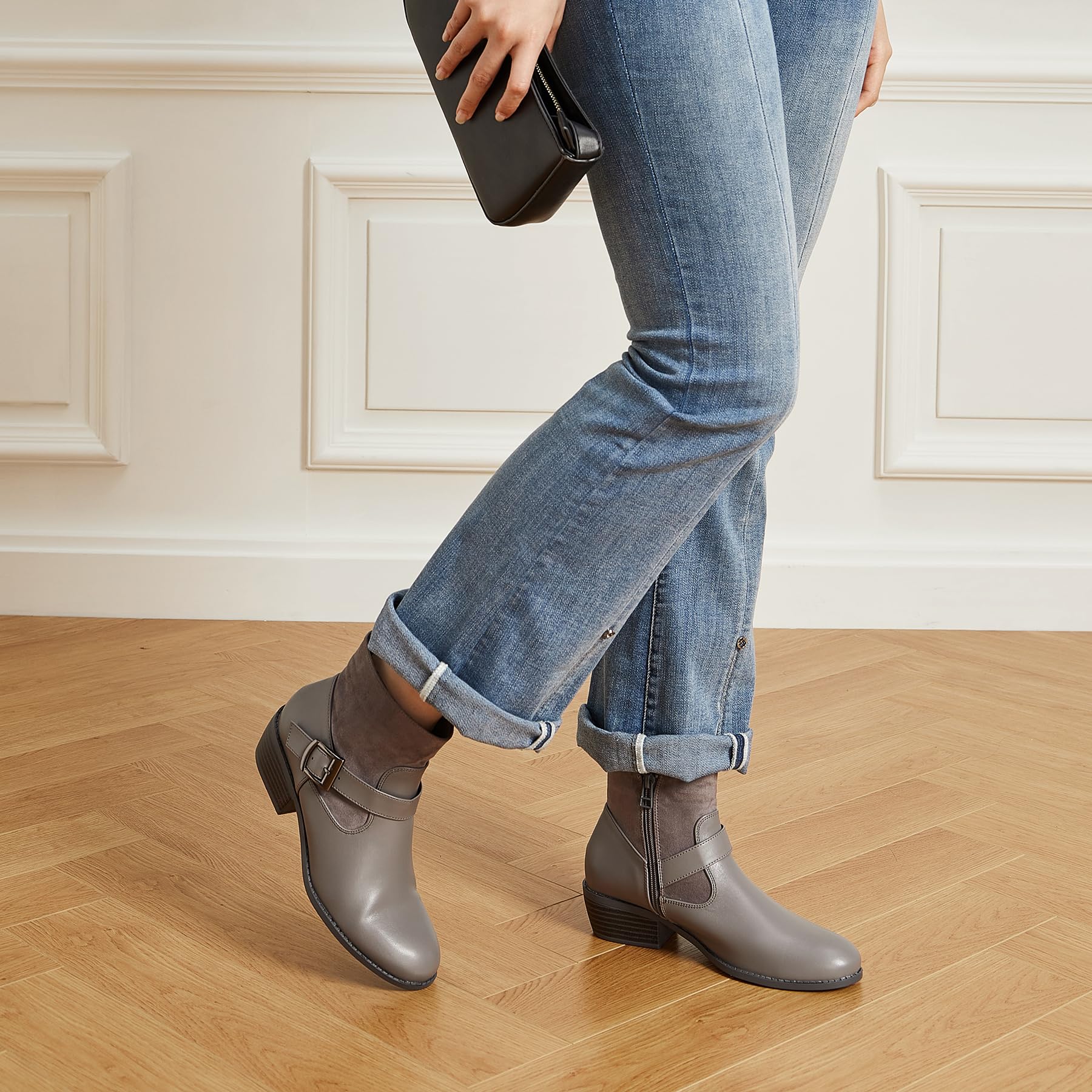 Stylish Women's Ankle Boots with Round Toe & Low Heel - Side Zipper Winter Booties with Buckle & Fleece Lining - Perfect for Cold Weather, Office Wear & Casual Outfits