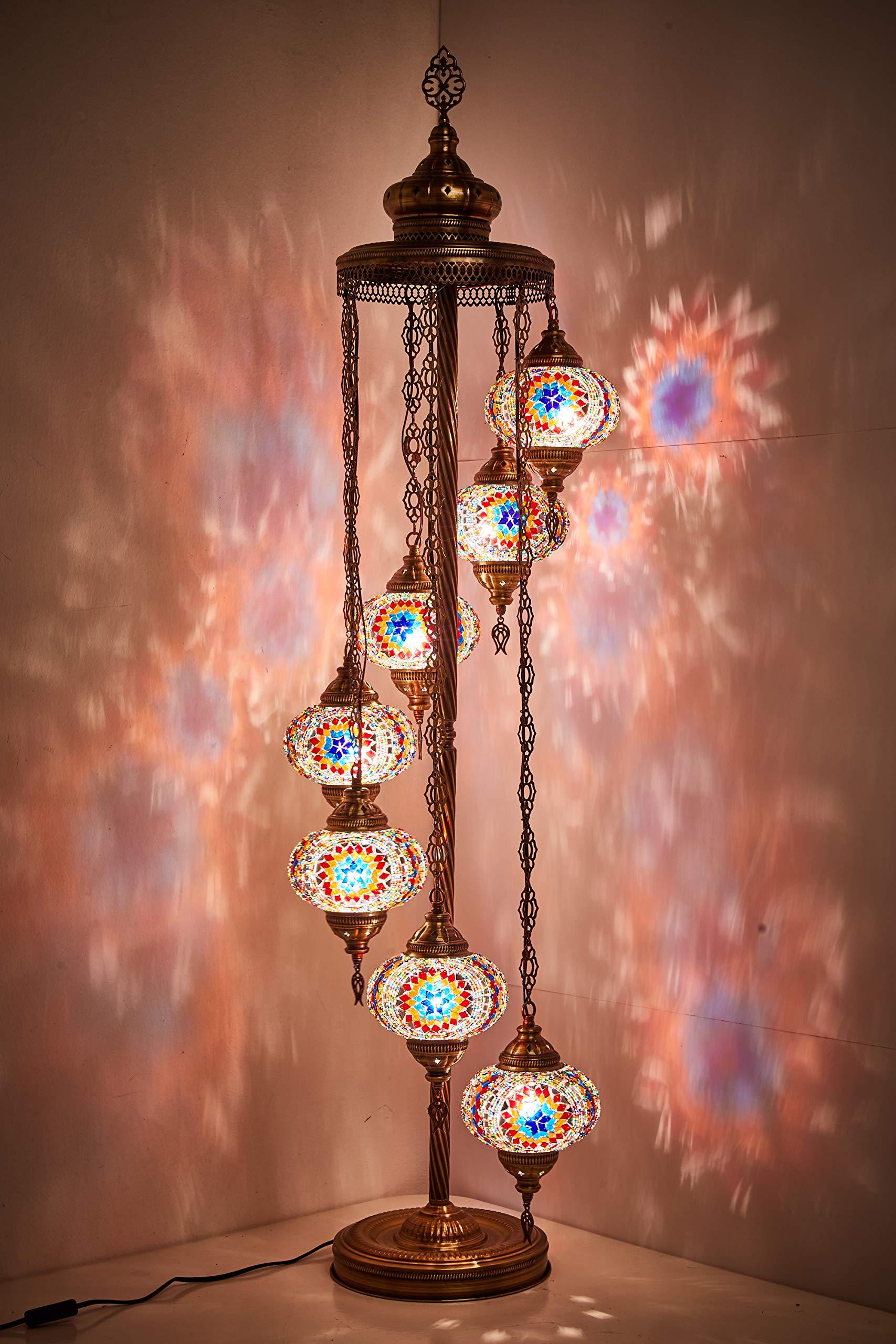 DEMMEX - 7 Big Globes Turkish Moroccan Mosaic Floor Lamp with North American Plug, 5' Bohemian Boho Tiffany Style Lighting for Living Room, Bedroom, or Office Decor (Space Fire Design)