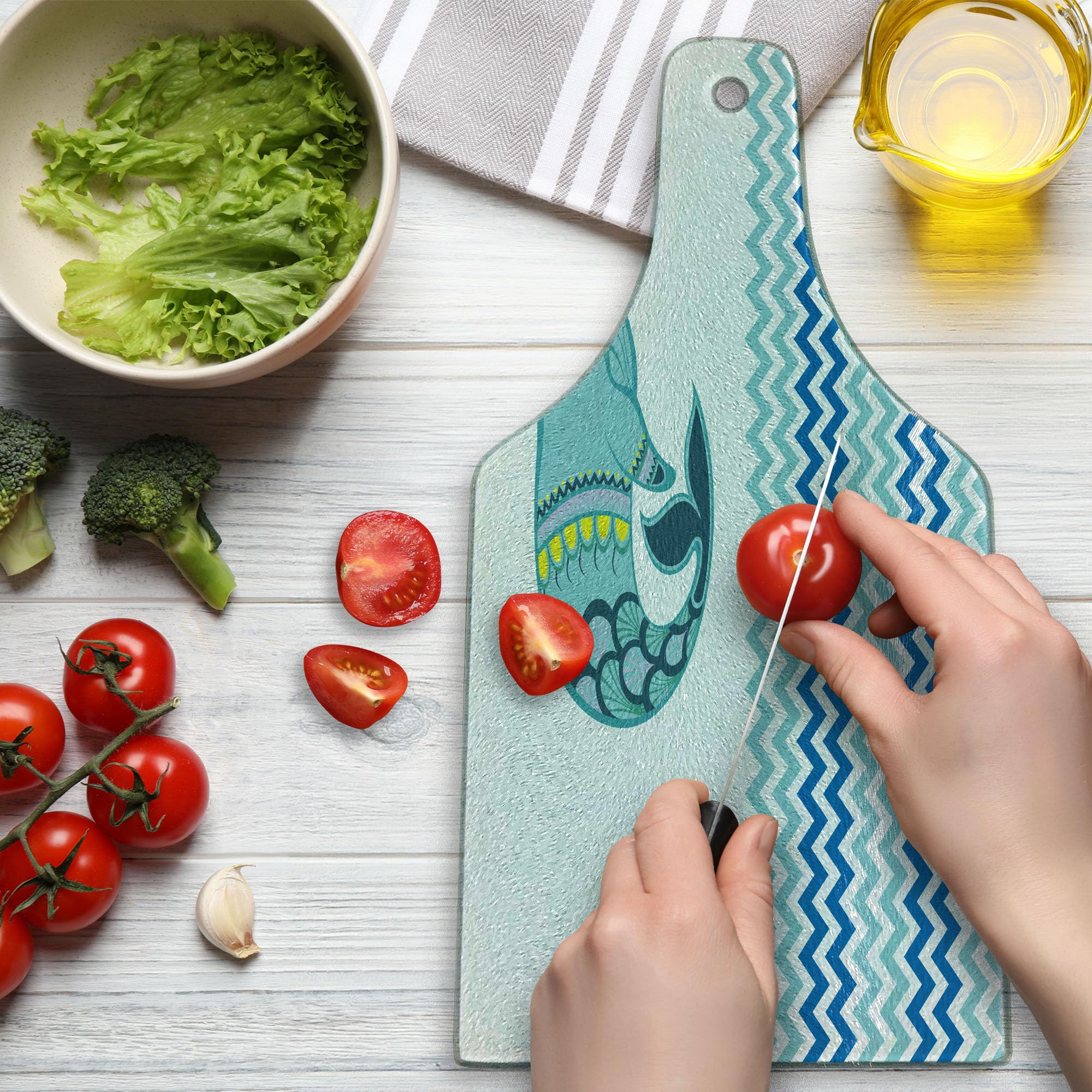 Ambesonne Whale Tempered Glass Cutting Board - Ocean Wave Artwork with Zig Zag Pattern, Decorative Serving Board for Kitchen, Wine Bottle Shape in Blue and White - Perfect for Entertaining, Charcuterie, and Gift Giving
