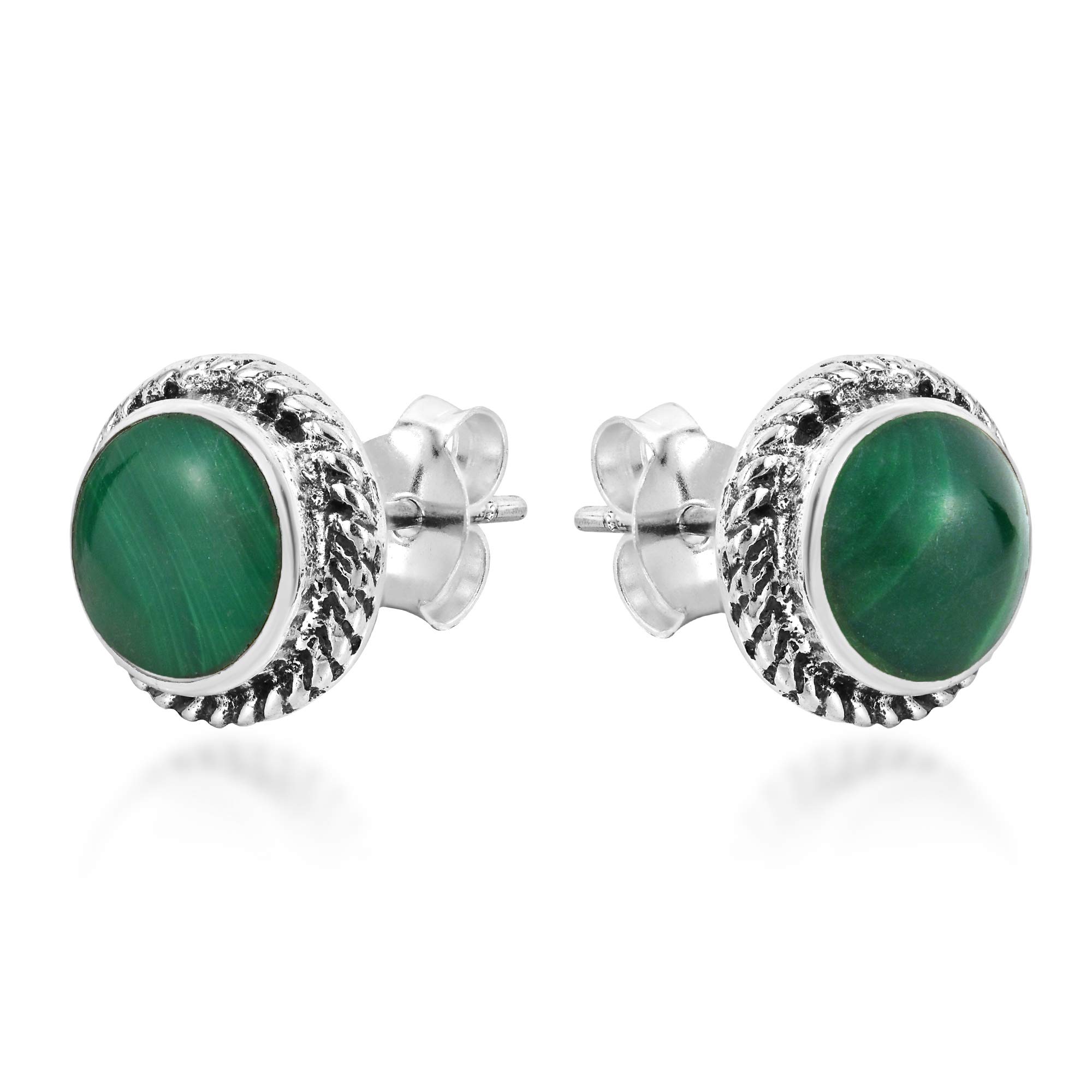 Boho Round Button Malachite .925 Sterling Silver Stud Earrings for Women – Green Gemstone Jewelry, Dainty Boho Earrings for Everyday Wear & Gift Giving
