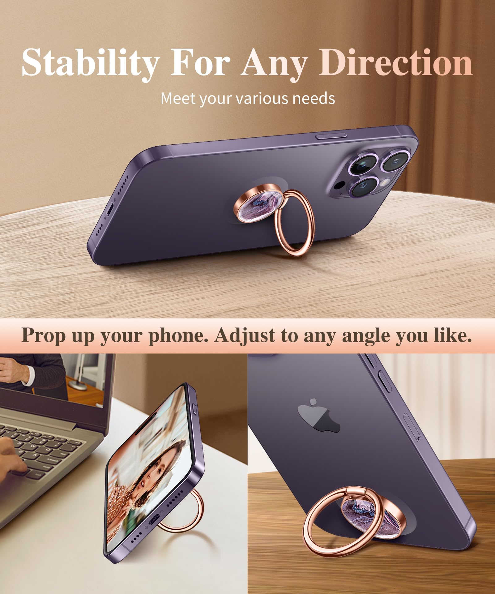 GVIEWIN Marble Phone Ring Holder - Magnetic Car Mount Compatible with iPhone 16 Pro Max/15 Plus/14/13/12 & Galaxy S25/S24 Ultra - Metal Kickstand Grip for Secure Phone Handling (Quicksand/Purple) - Perfect for Driving, Watching Videos & One-Handed Use