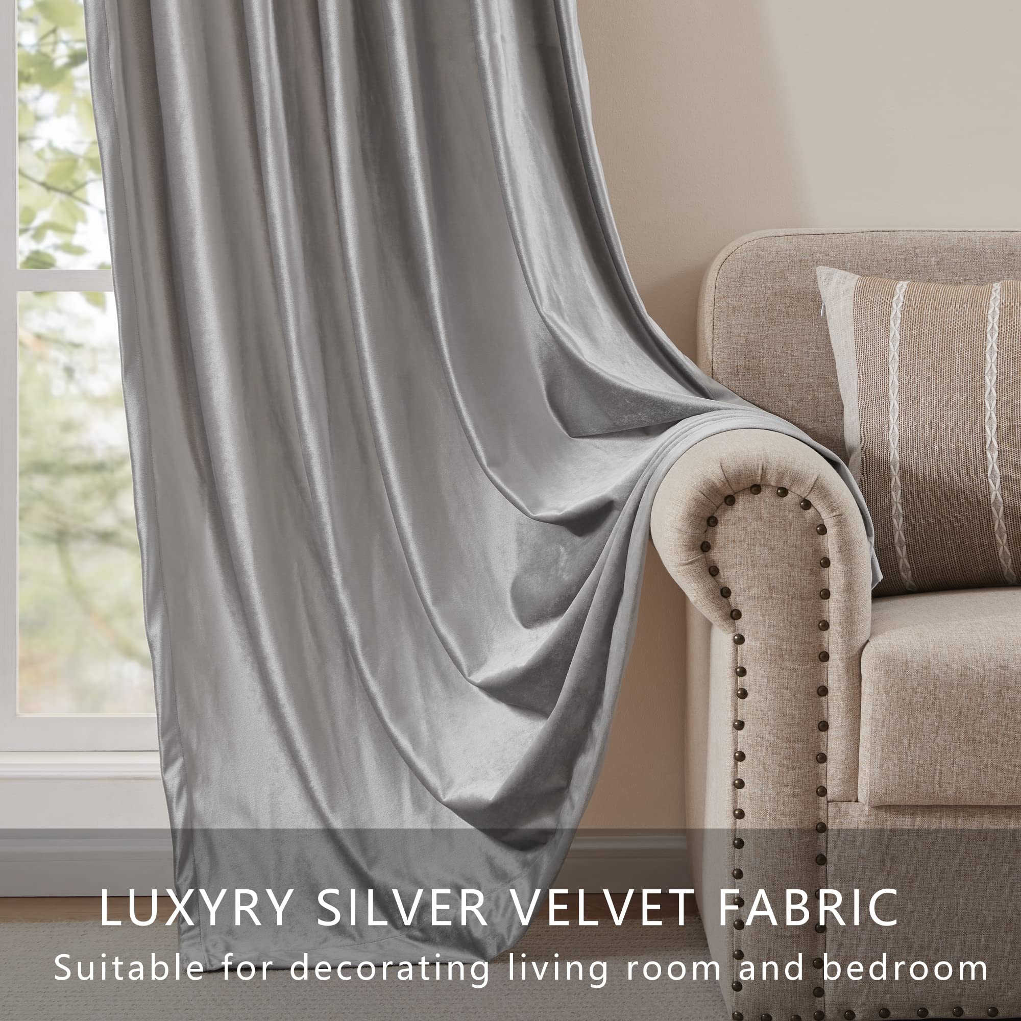 PRIMROSE 84 Inch Silver Velvet Blackout Curtains - Set of 2 Panels with Rod Pocket for Living Room & Bedroom | Thermal Insulated Window Drapes for Light Blocking, Noise Reduction & Home Decor | Perfect for Night Shift Workers, Light Sleepers & Home Theater Setup