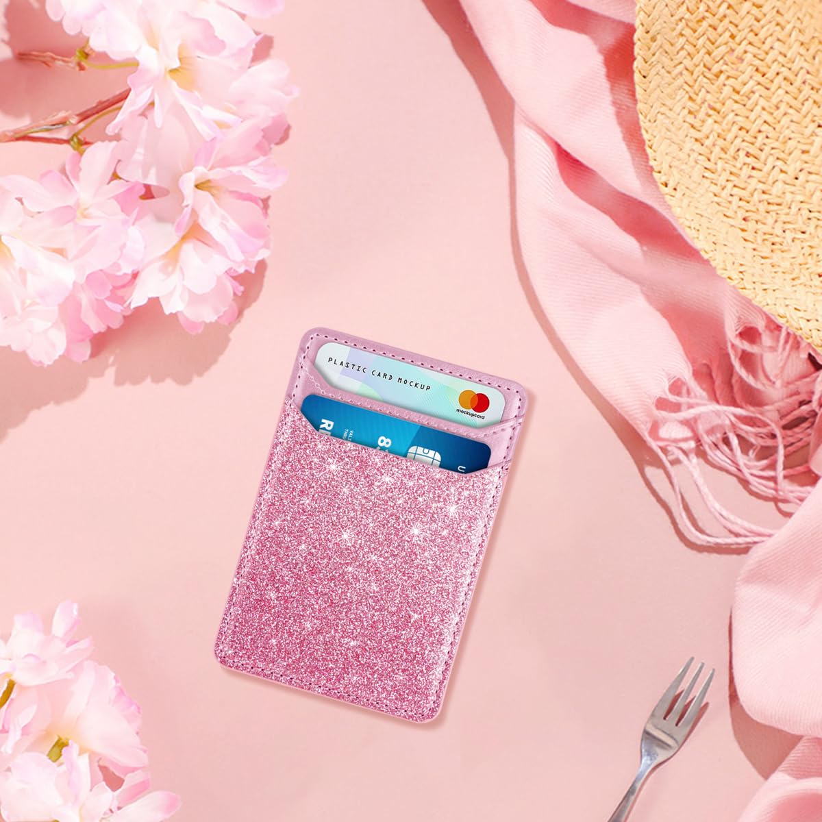 Self Adhesive Card Holder for Phone - Leather RFID Blocking Phone Wallet with Sticky Back - Credit Card Sleeve for Phone Case (Glitter Pink) - Perfect for Hands-Free Shopping & Contactless Payments