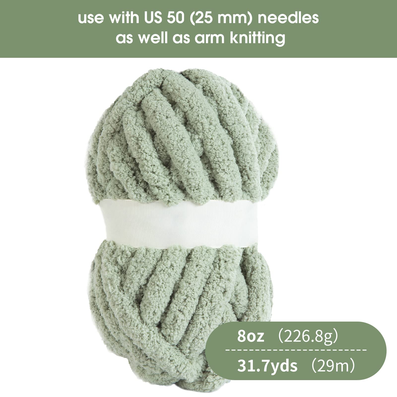 HOMBYS Sage Green Chunky Chenille Yarn for Crocheting & Knitting - Super Bulky Thick Fluffy Yarn for Handmade Blankets, Scarves & Hats - Soft Plush Yarn (8 Jumbo Skeins, 27 Yards Each, 8 oz) - Perfect for DIY Crafts, Baby Blankets & Home Decor Projects