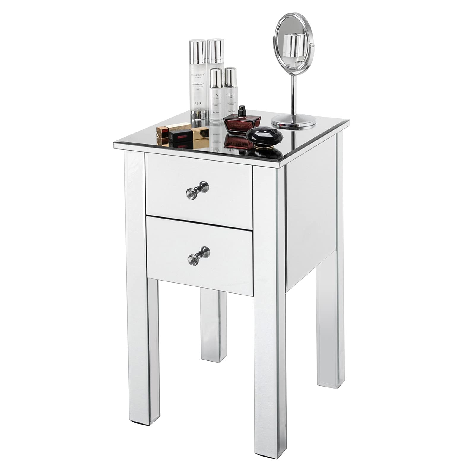Modern & Contemporary Silver Mirrored 2-Drawer Nightstand - Bedside Table with Storage for Bedroom, Living Room & Guest Room Decor