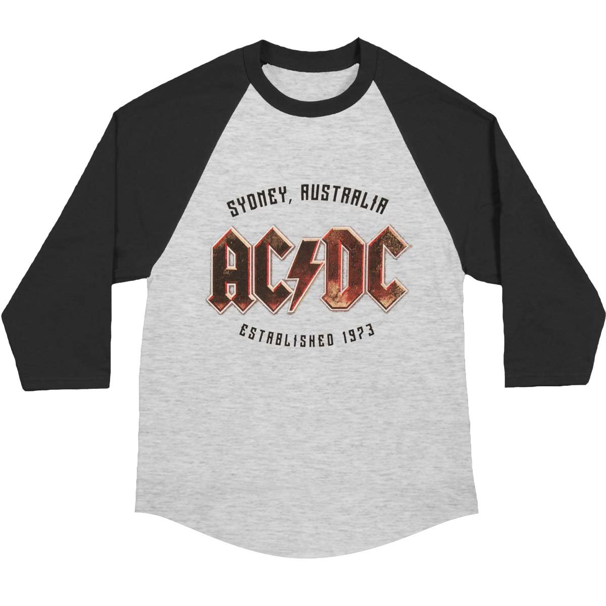 AC/DC Men's Est. 1973 Sydney Jersey Baseball T-Shirt - Gray/Black - Vintage Rock Band Merchandise for Concerts & Casual Wear