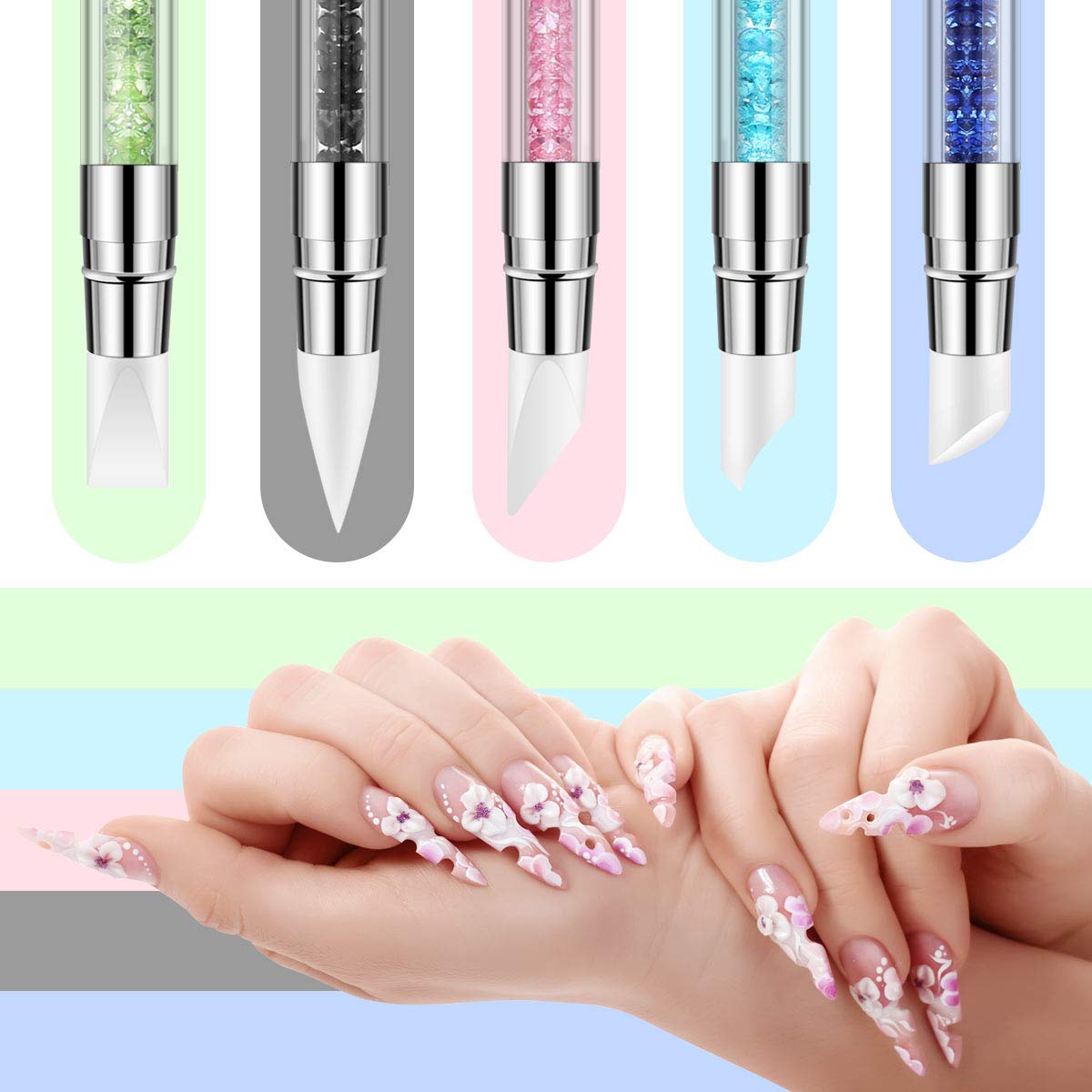 5 Pcs Silicone Nail Art Tools Set - Dual Tipped Nail Sculpture Pen, Rhinestone & Polish Carving Pen with Rubber Tips - Perfect for DIY Nail Art, Salon Professionals & Home Manicures