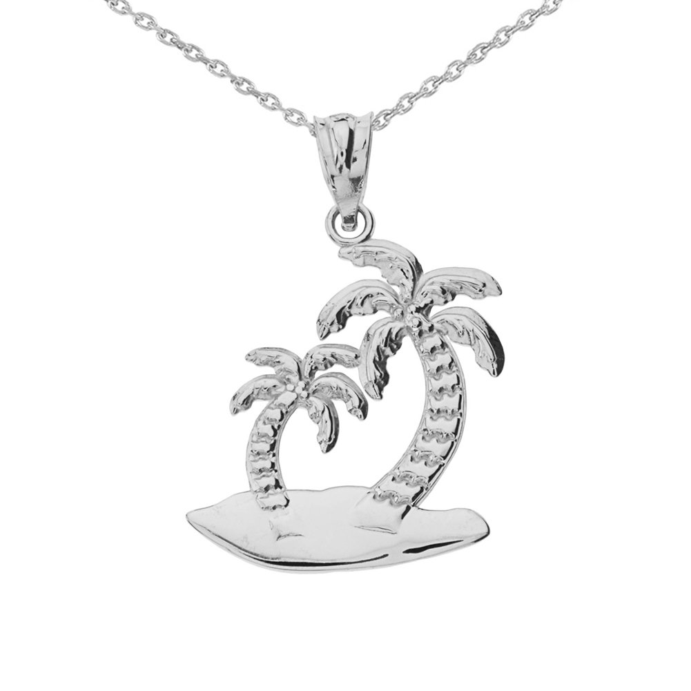 10k White Gold Palm Tree Island Charm Pendant Necklace for Women - Tropical Beach Jewelry Gift for Vacation, Summer & Island Getaways