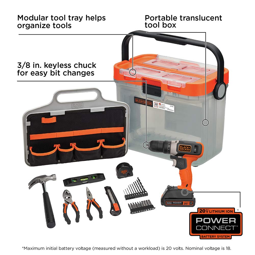 BLACK+DECKER BCKSB29C1 20V MAX* Cordless Drill Kit - 28-Piece Home Tool Set with Translucent Storage Box | Perfect for DIY Projects, Home Repairs & Woodworking Tasks