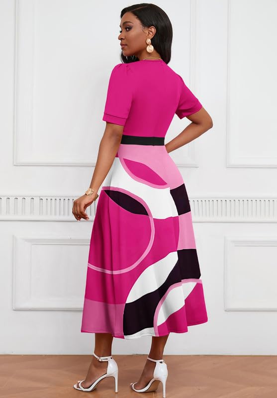 Women's Midi Dresses V-Neck A-Line Swing Dress - Elegant Cocktail, Church & Tea Party Attire - Short Sleeve Flowy Summer Dress for Weddings, Brunch & Office Wear