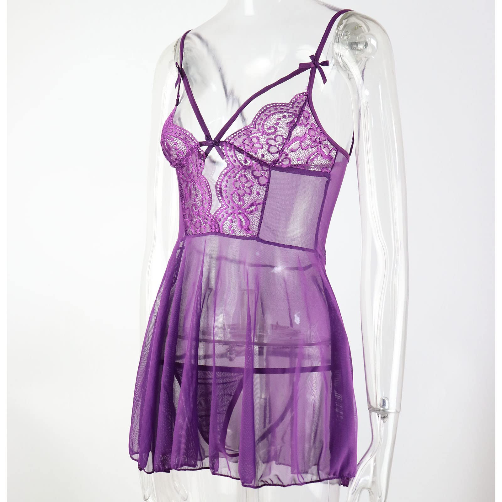 Sexy Lace Chemise Nightgown for Women - Sheer See-Through Strappy Hollow Out Lingerie Dress with Thong | Perfect for Valentine's Day, Honeymoon & Romantic Nights