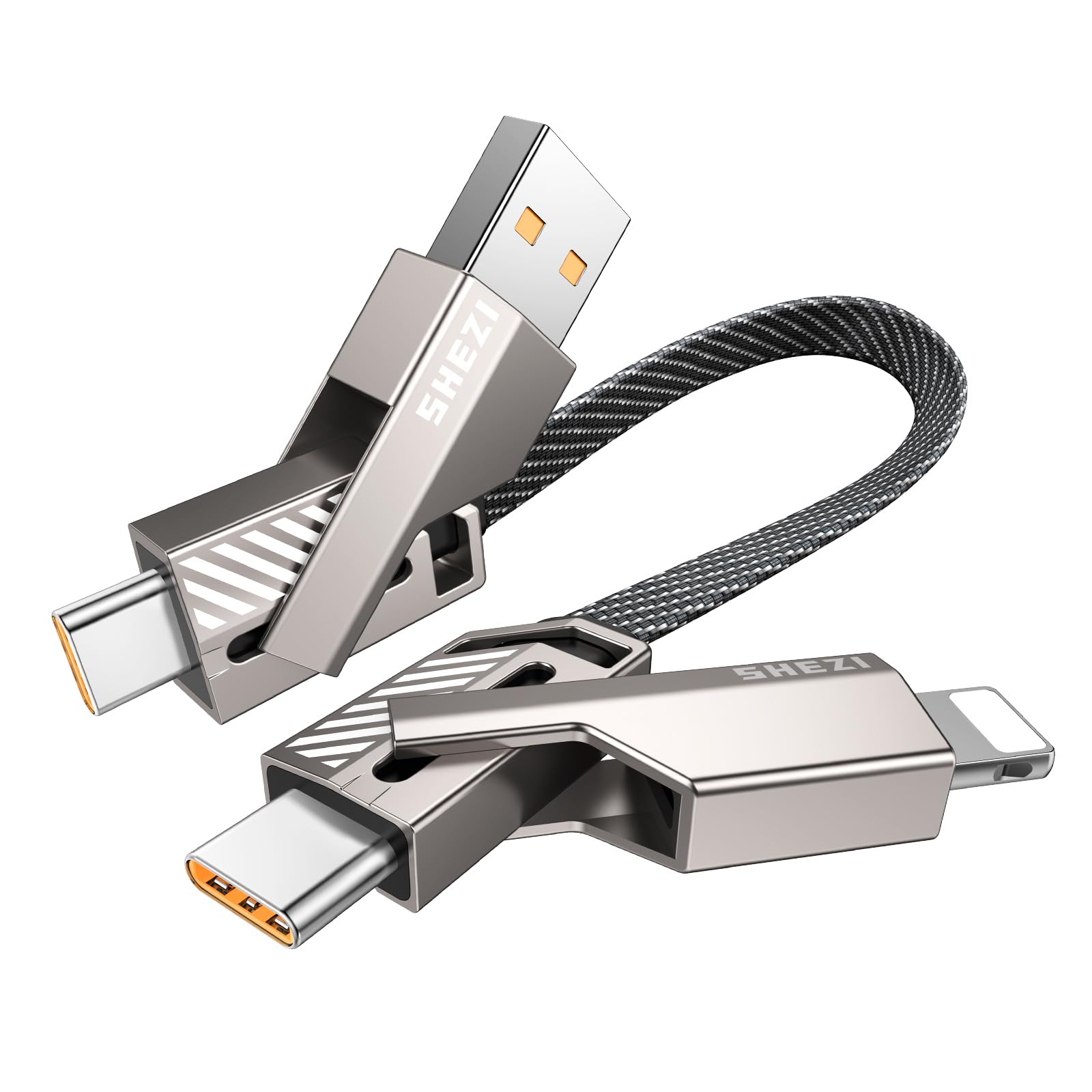 4-in-1 Short USB C Cable 0.6FT - MFI Certified Lightning Cable for iPhone iPad [Fast Charging & Data Sync] - Durable Flat Braided Charger Cord with Lightning/USB-C/USB-A Ports - Perfect for Home, Office & Travel Charging Needs