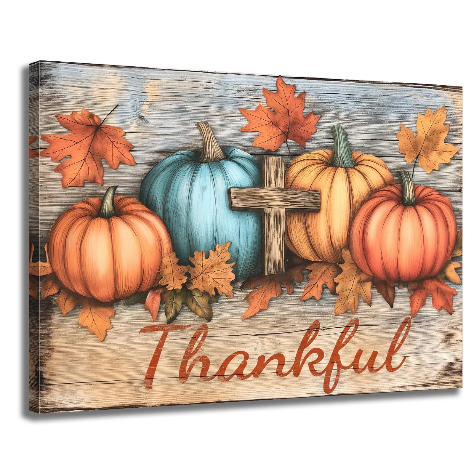 Fall Pumpkin Canvas Wall Art - Thanksgiving & Halloween Decor, Farmhouse Christian Print with Fall Leaves & Thankful Phrase - Framed Picture for Living Room, Bedroom, or Entryway Decor