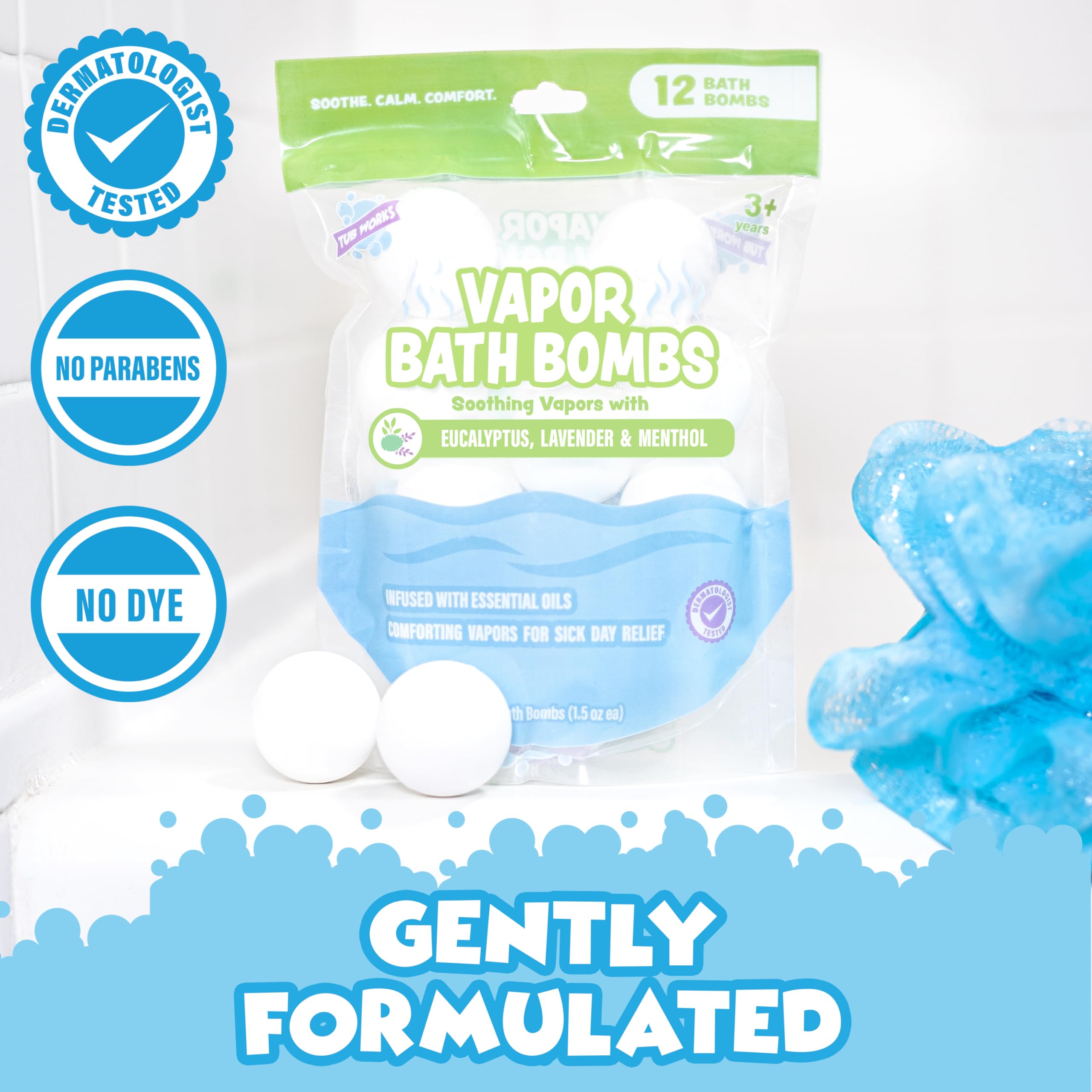 Tub Works® 12-Pack Vapor Bath Bombs for Toddlers & Kids | Natural Essential Oils Aromatherapy | Eucalyptus & Lavender Bath Bombs with Menthol for Cold, Flu & Congestion Relief | Relaxing Bath Time for Kids & Soothing Nighttime Routine