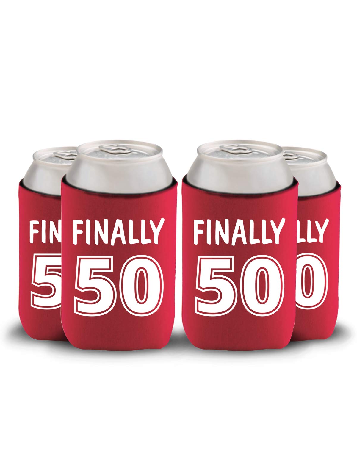 50th Birthday Party Can Coolers - Set of 4 Red Insulated Beer Bottle Holders for 50th Birthday Gifts & Celebrations - Perfect for BBQs, Beach Parties & Retirement Parties
