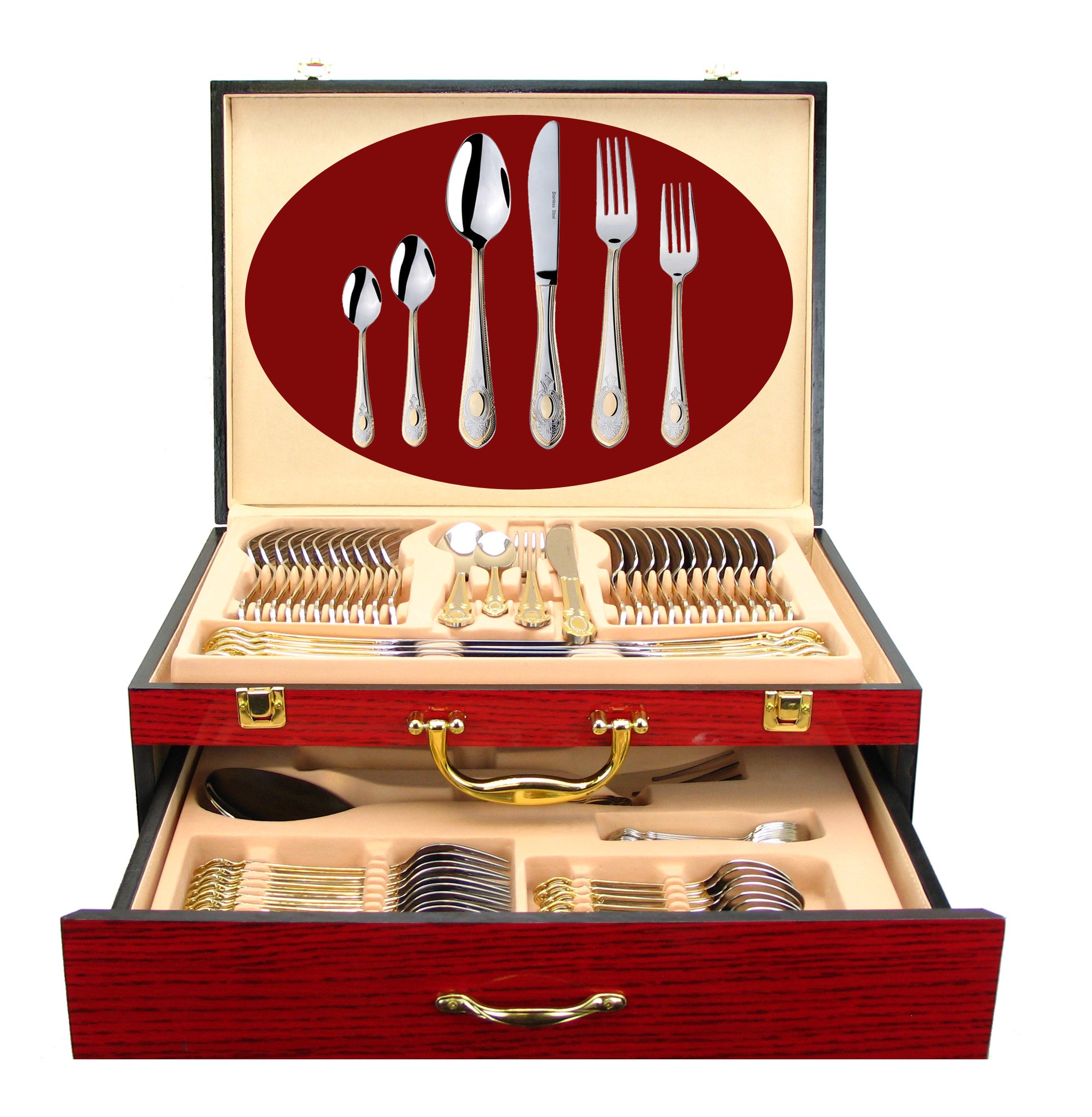 75-Piece Luxury Flatware Set for 12 with Storage Case - 24K Gold Plated Premium Dining Cutlery Service - 18/10 Surgical Stainless Steel Silverware Hostess Serving Set in Elegant Chest - Perfect for Weddings, Dinner Parties, and Formal Gatherings