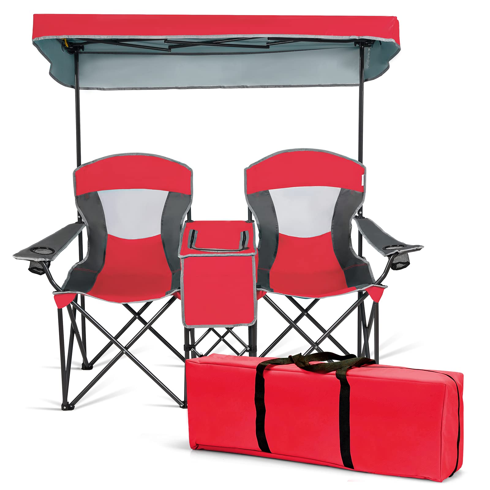 SAFSTAR 2-Person Folding Camping Chair with Shade Canopy - Portable Beach Chair with Cup Holder, Mini Table & Carrying Bag - Compact Outdoor Chairs for Camping, Backyard, Patio, Pool & Beach Picnics - Red