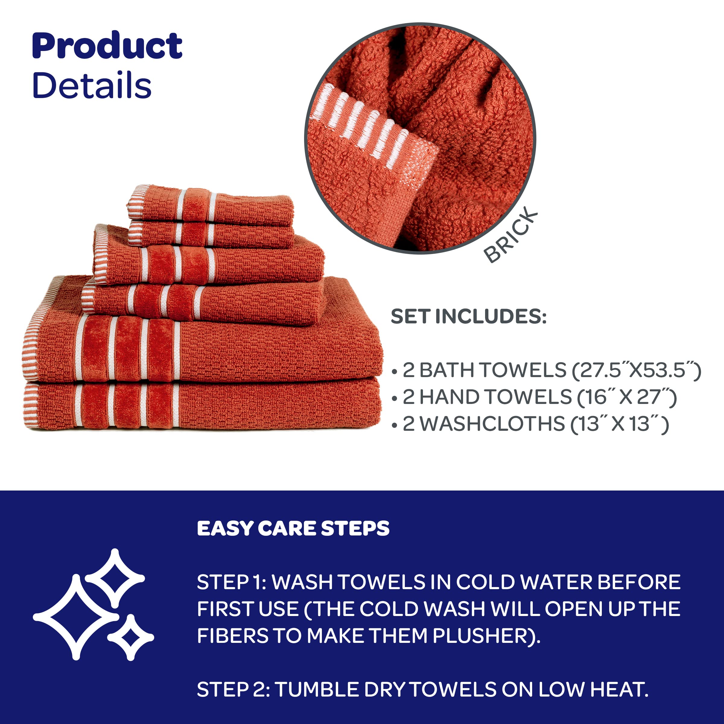 Bedford Home 100% Cotton Rice Weave 6-Piece Bath Towel Set - Soft & Absorbent, Brick Color - Perfect for Bathroom, Spa, and Beach Use