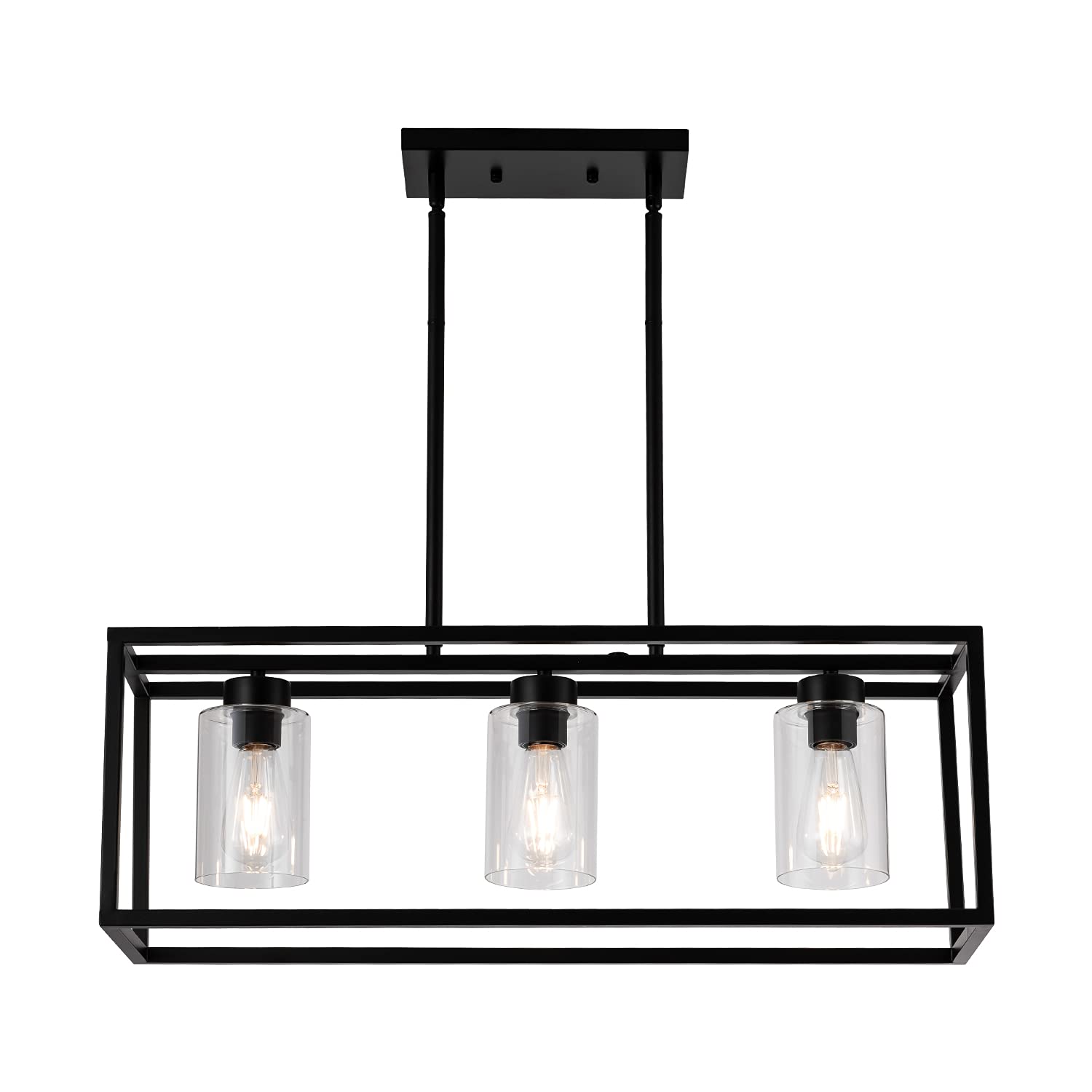 Modern Black Farmhouse 3-Light Pendant Lighting Fixture with Glass Shade - Kitchen Island Hanging Chandelier for Dining Room, Living Room & Bedroom | Rustic Home Decor, Indoor Lighting Solution