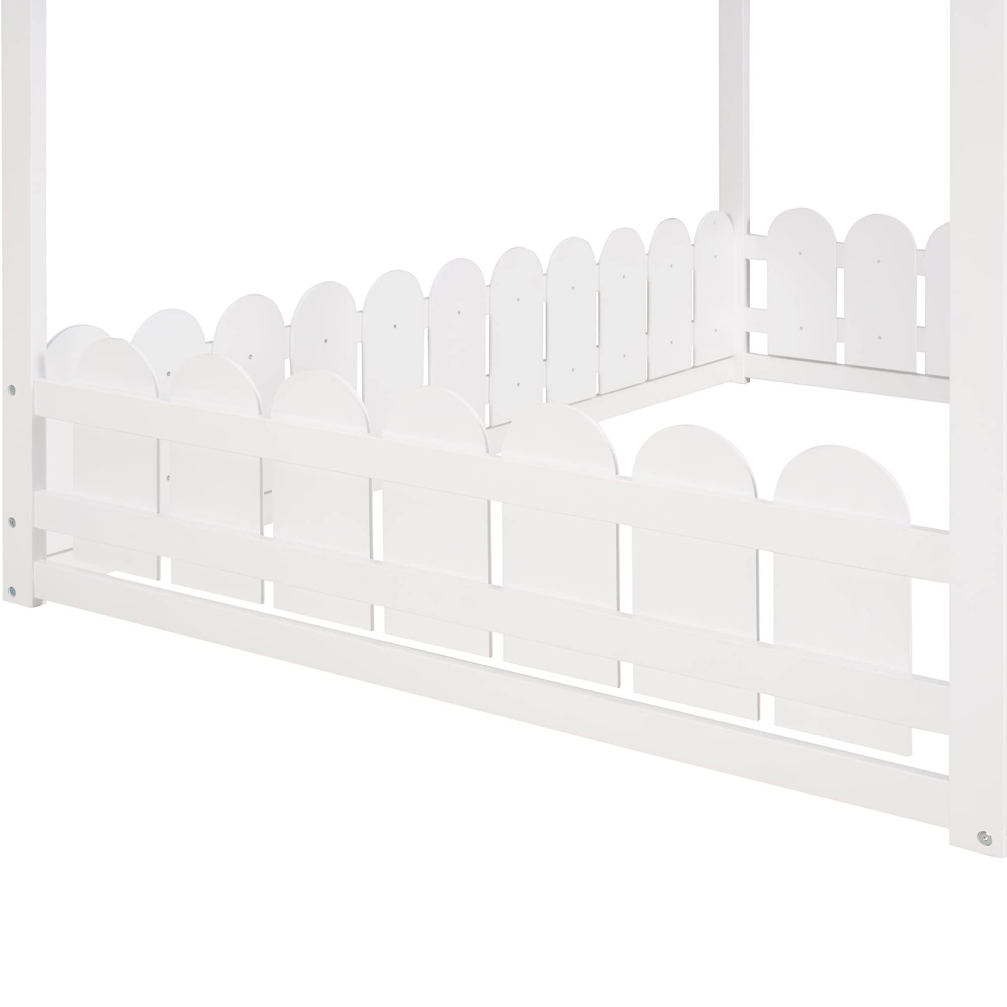 Harper & Bright Designs Full Size House Bed for Kids & Teens - Pine Wood Roof, Fence-Shaped Guardrails, Cabin Style Floor Bed (White) - Perfect for Bedrooms, Playrooms & Montessori Spaces