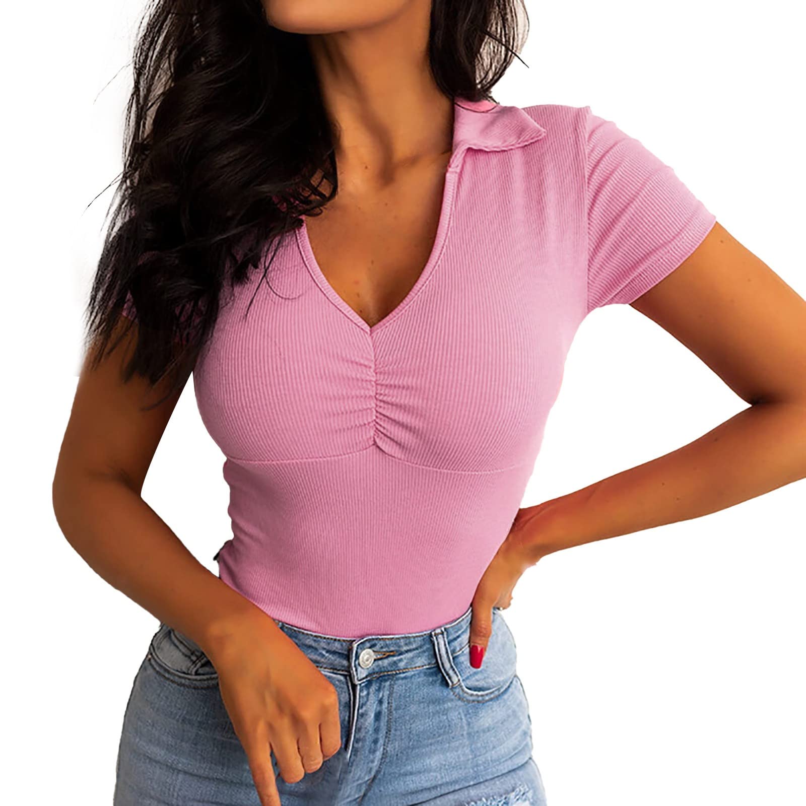 Women's Slim Fit V-Neck Knit T-Shirt - Summer Short Sleeve Solid Color Top (Medium, White) | Casual Wear, Workout, Layering, Everyday Outfits