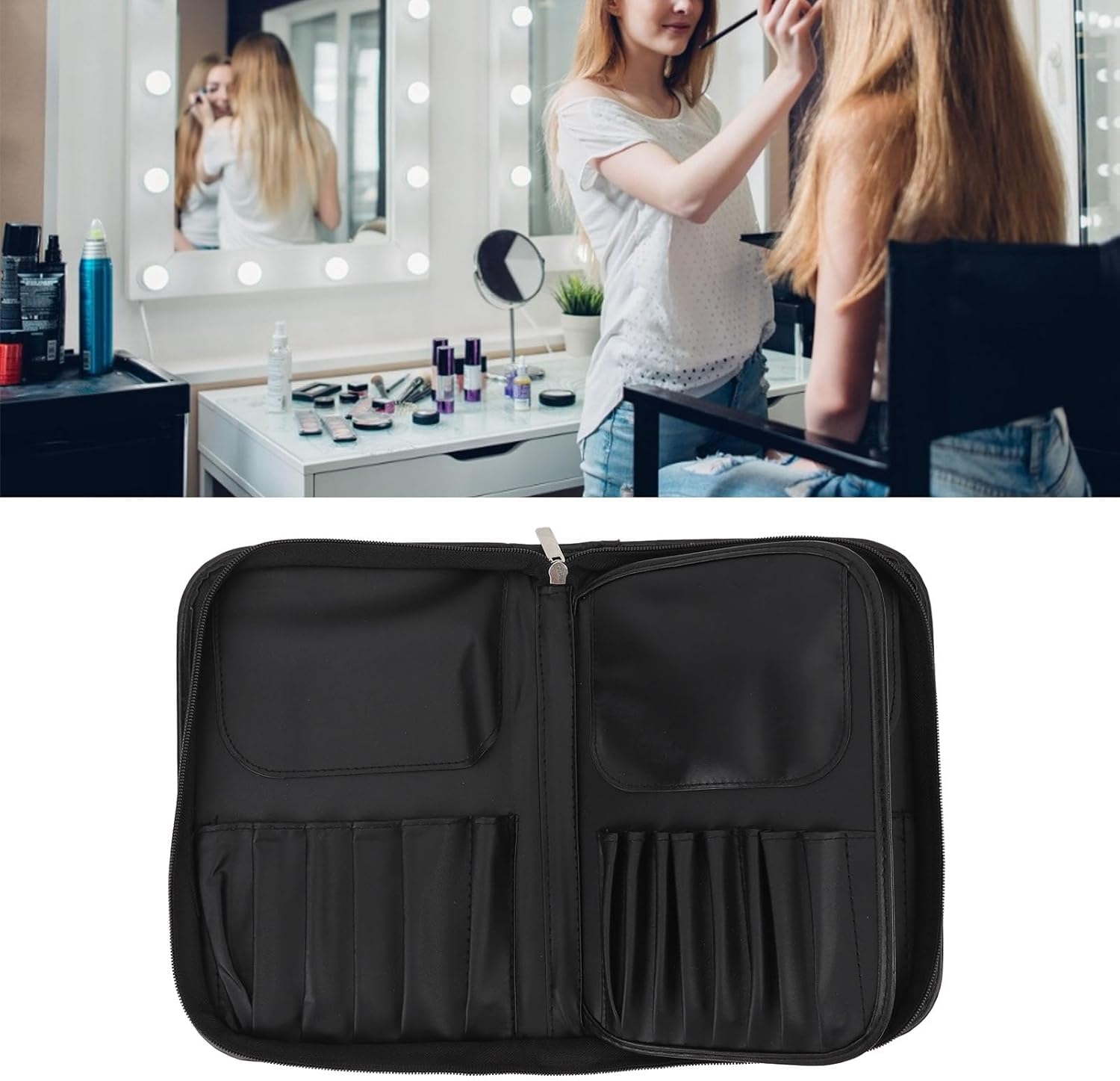 Professional Makeup Brush Holder Bag - COSLUXE BEILI Leather Cosmetic Organizer for Travel, Black Portable Makeup Artist Case | Perfect for On-the-Go Makeup Application & Brush Storage