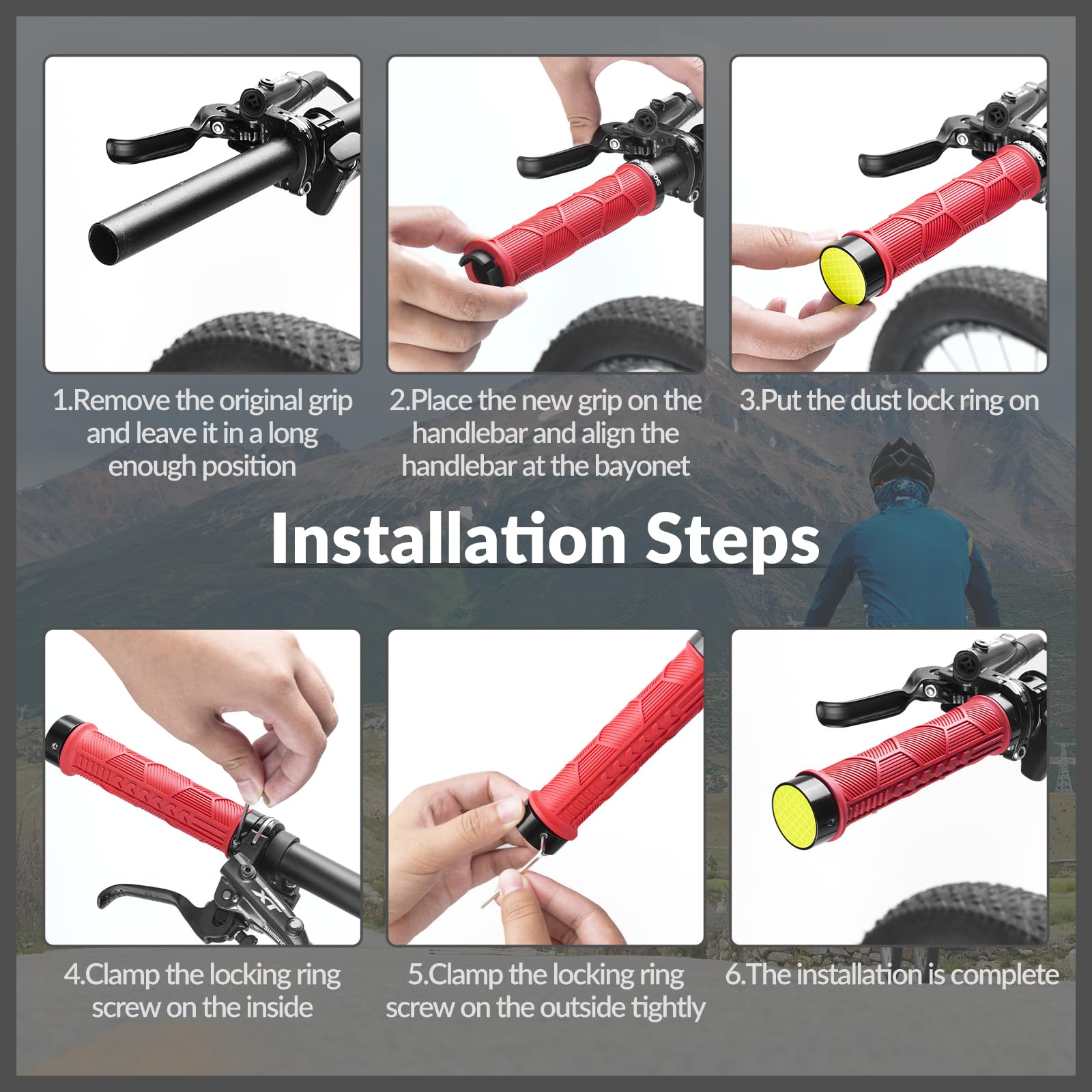 ROCKBROS Lock-on Bike Handle Grips - High Gloss Reflective MTB/BMX Grips for Mountain & Folding Bikes (22mm Diameter) - Perfect for Night Riding & Off-Road Cycling