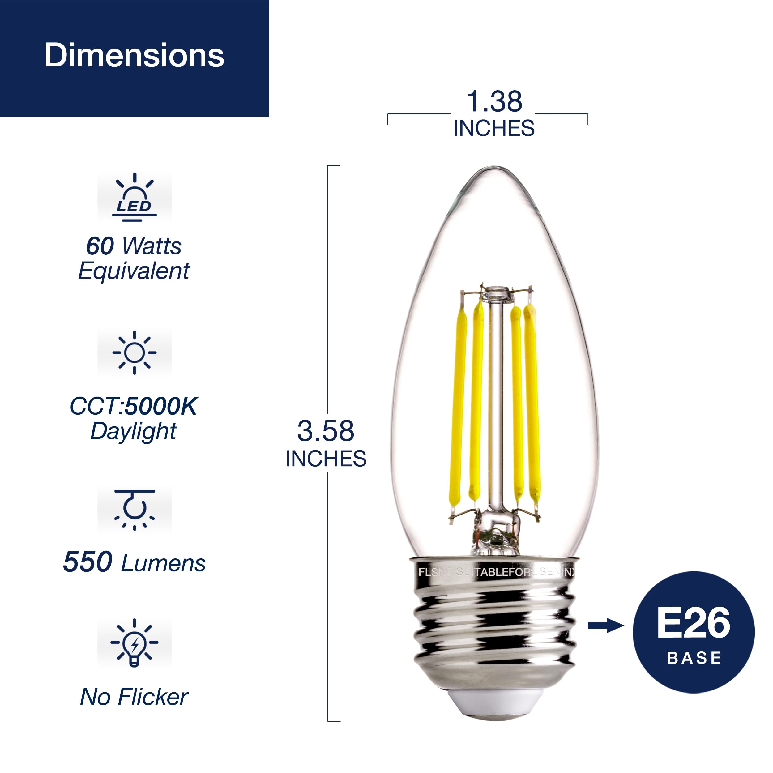 FLSNT 5000K Daylight Dimmable LED Candelabra Bulbs - 60W Equivalent, B11 E26 Base, 550LM, 12 Pack - Perfect for Chandeliers, Ceiling Fans, and Vintage Lighting Fixtures