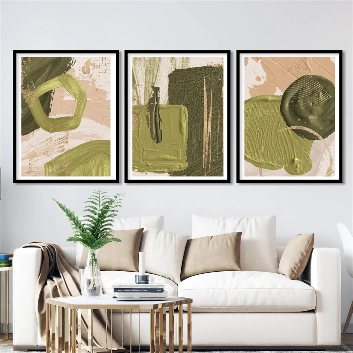 Abstract Blue & Green Wall Art Set of 3 Canvas Paintings - Modern Home Decor for Living Room, Bedroom & Office #BG083