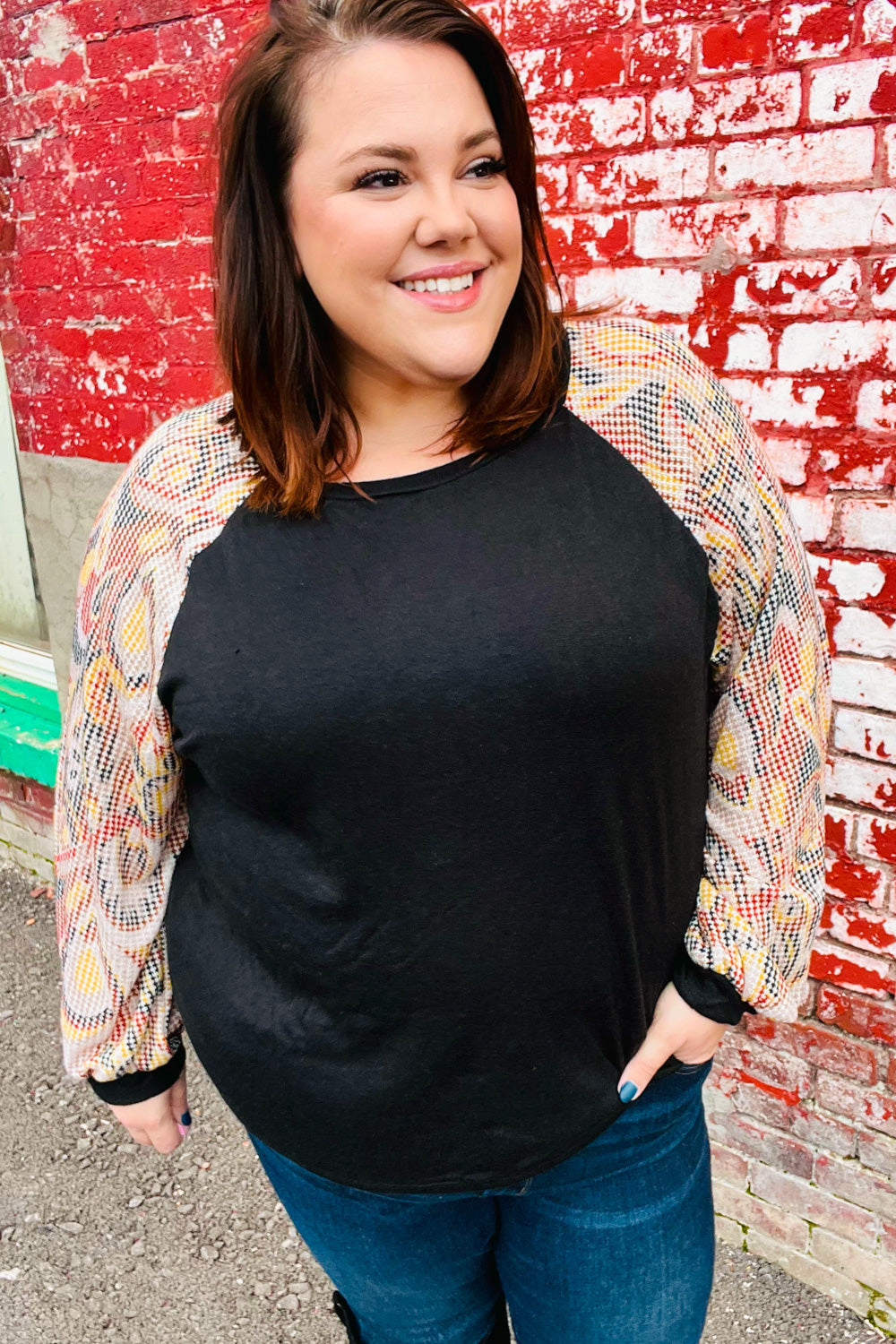 Stylish Black Abstract Print Textured Bubble Sleeve Top for Women | Trendy Blouse for Party, Date Night & Casual Outfits | Fashionable Long Sleeve Shirt for Fall & Winter