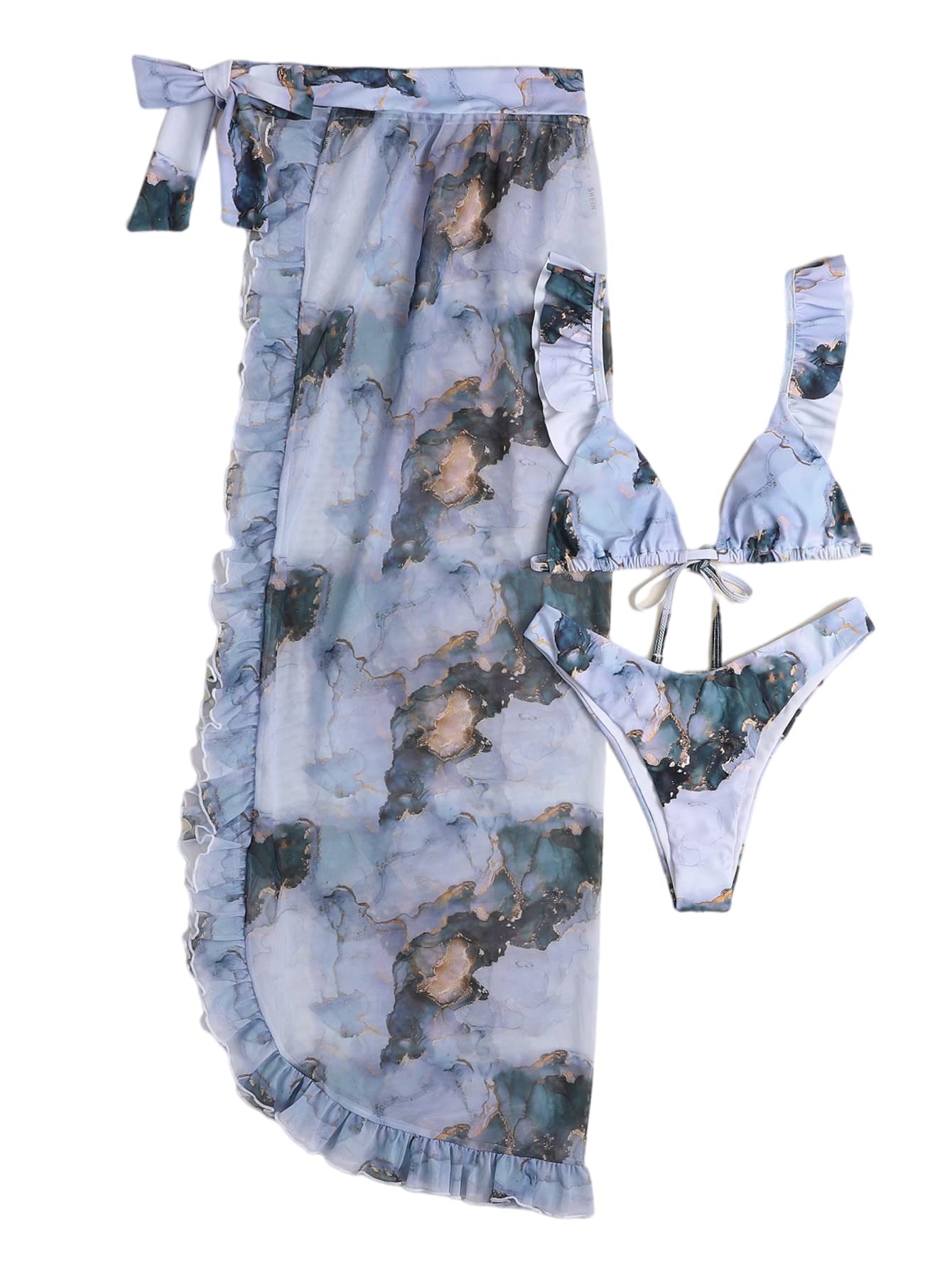 SheIn Women's Sexy Tie Back Ruffle Bikini Set - Two Piece Swimsuit with Sarong Cover Up - Perfect for Beach Vacation, Pool Party & Summer Getaways
