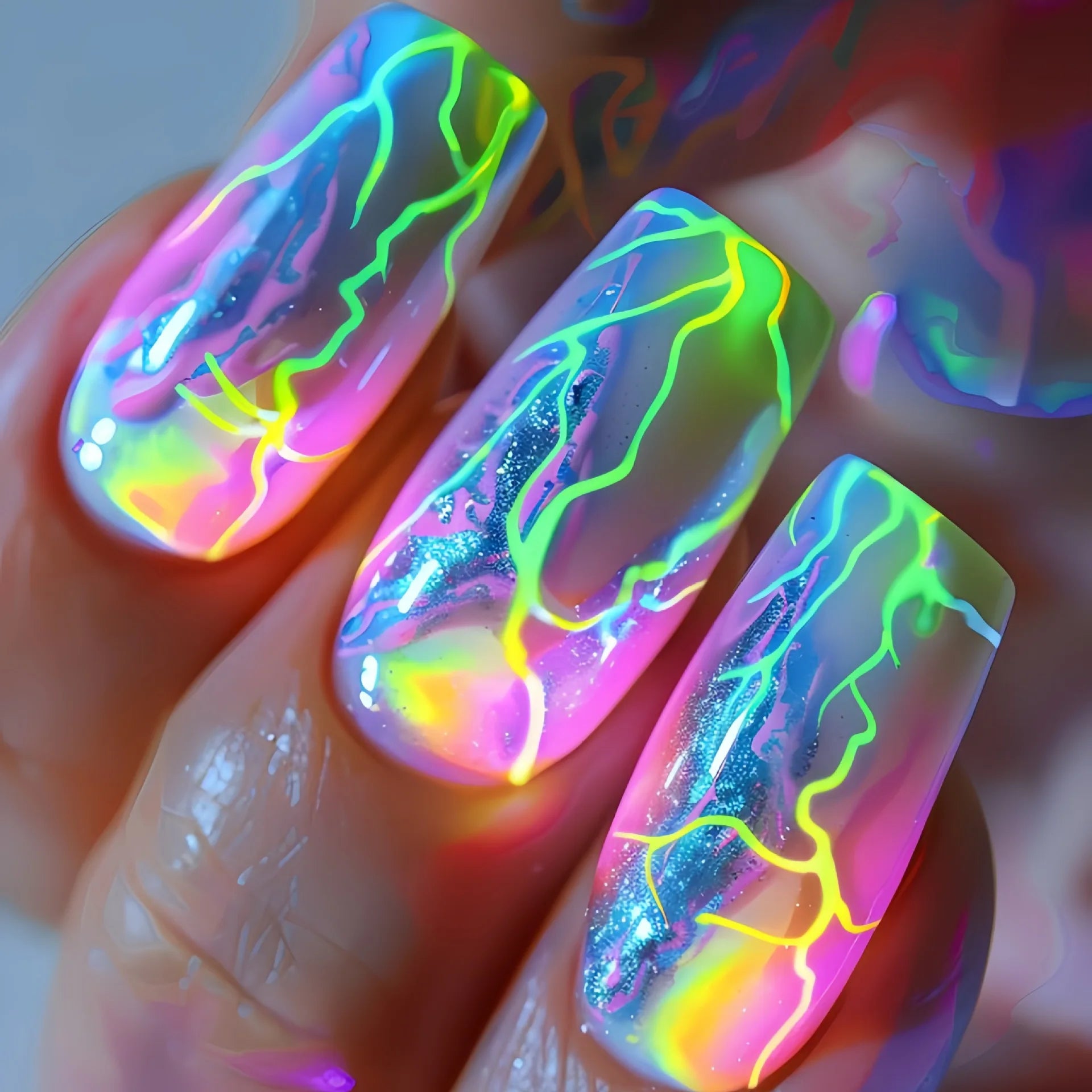 24Pcs Lightning Stripe Press on Fake Nails - Medium Length Square False Nails with Green Smudging Design, Reusable Full Cover Nail Tips for Women | Perfect for Parties, Weddings & Everyday Fashion