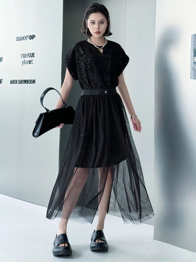 Black Sequin Mesh Dress 2-Piece Set Round Neck Short Sleeve Women's Fashion Outfit for Spring Summer 2025 | Perfect for Parties, Weddings & Night Out