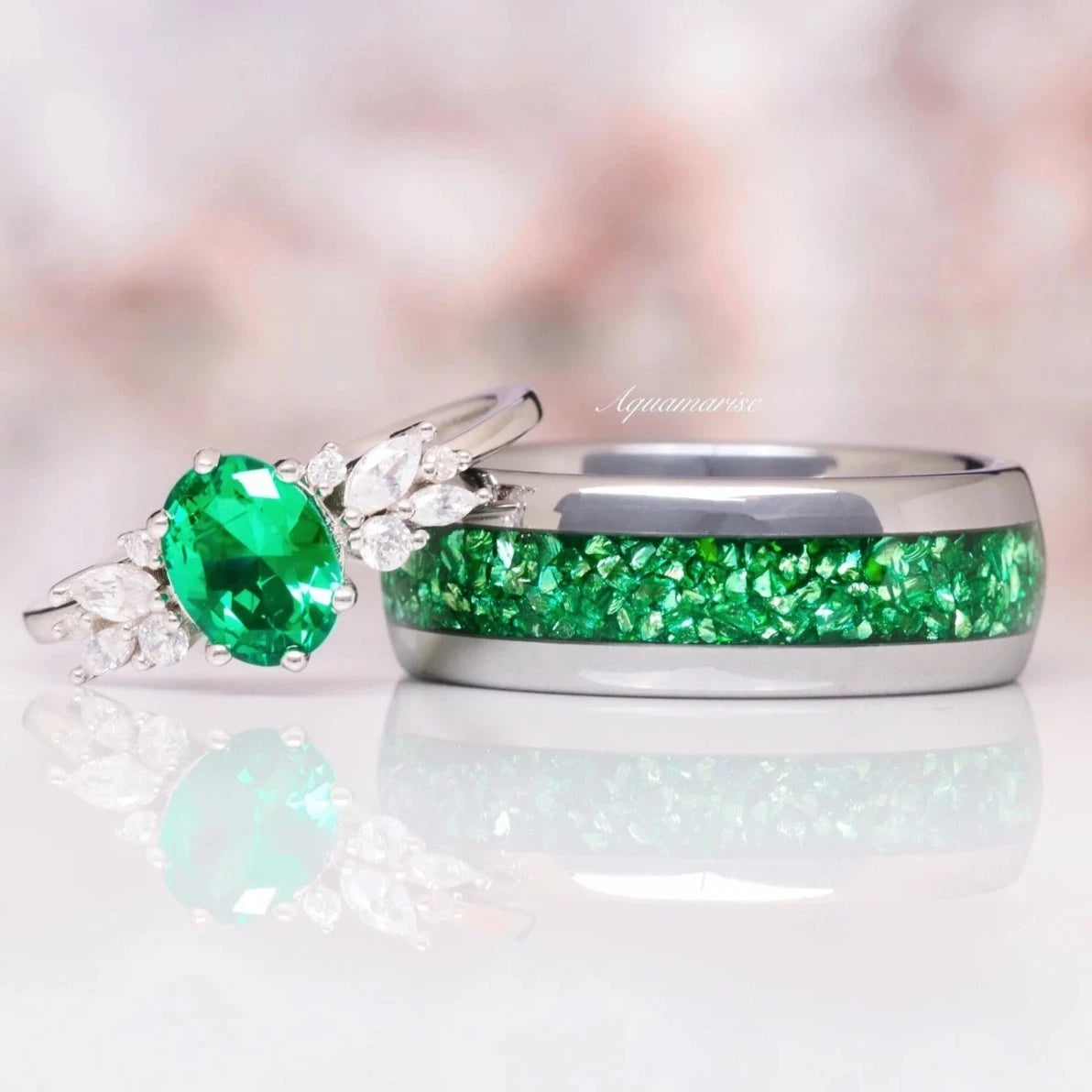 Emerald Leaf Couples Ring - Matching Wedding Bands for Him & Her - Sterling Silver Nature-Inspired Jewelry - Perfect for Anniversaries, Engagements and Romantic Gifts