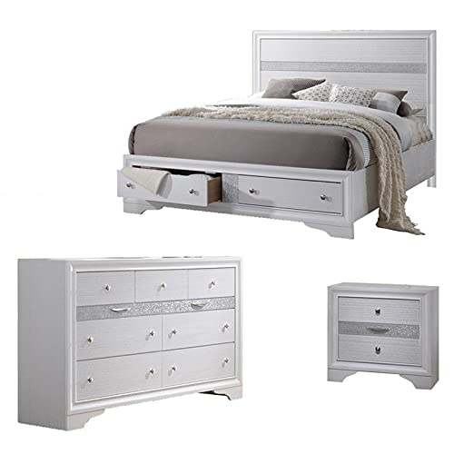 CATHERINE 3-Piece Queen Bedroom Set - White Wooden Bed Frame, Dresser & Nightstand for Modern Home Decor | Perfect for Master Bedroom, Guest Room & Small Spaces