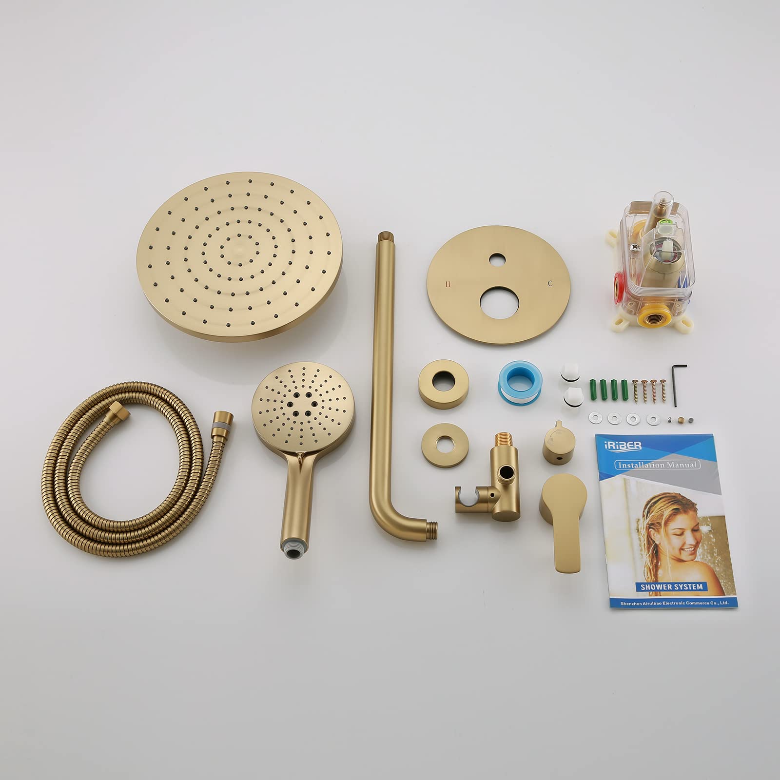 Luxury Wall Mounted Shower System with High Pressure Rainfall Shower Head & 3-Setting Handheld Spray - Brushed Gold Bathroom Faucet Mixer Set with Pressure Balance Valve - Perfect for Master Bathroom, Spa-Like Shower Experience