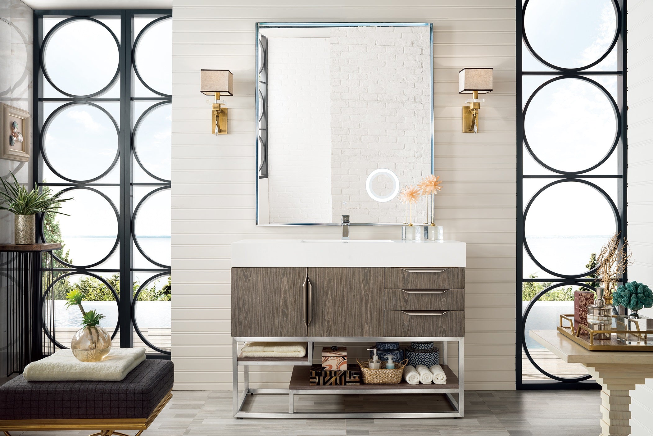 Columbia 48 Inch Single Bathroom Vanity in Ash Gray with Glossy White Composite Top - Perfect for Modern Master Bathrooms and Powder Rooms