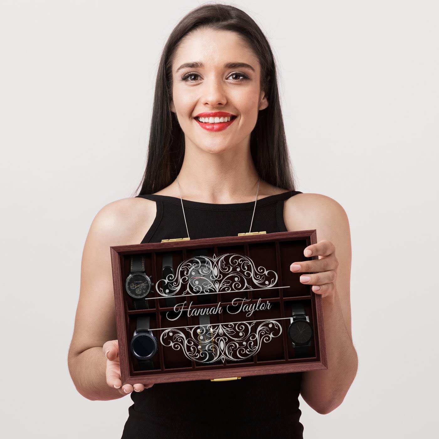 Elegant Engraved Watch Box for Women - 12 Slot Decorative Watch Display Holder - Personalized Gift for Her, Mum, Birthday - Perfect for Jewelry Storage & Display in Bedroom, Dresser, Vanity