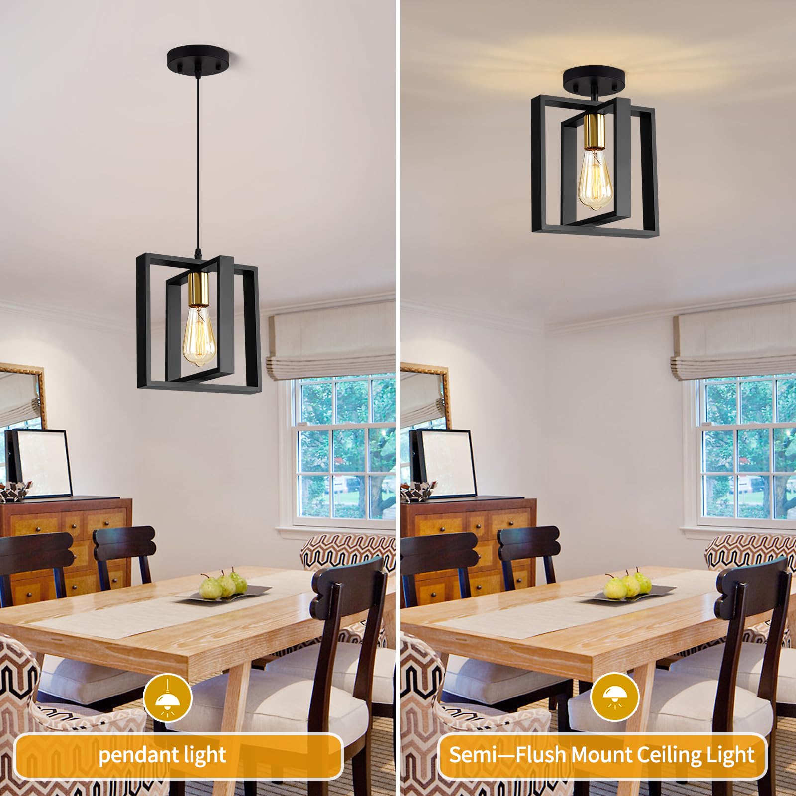 Farmhouse Small Pendant Light Fixture - 9.5 Inch Kitchen Island Hanging Lamp with Cord, Black and Gold Finish Wood Frame Chandelier for Hallway, Entryway, Closet & Bedroom Lighting - E26 Base - Perfect for Rustic Home Decor and Cozy Ambiance